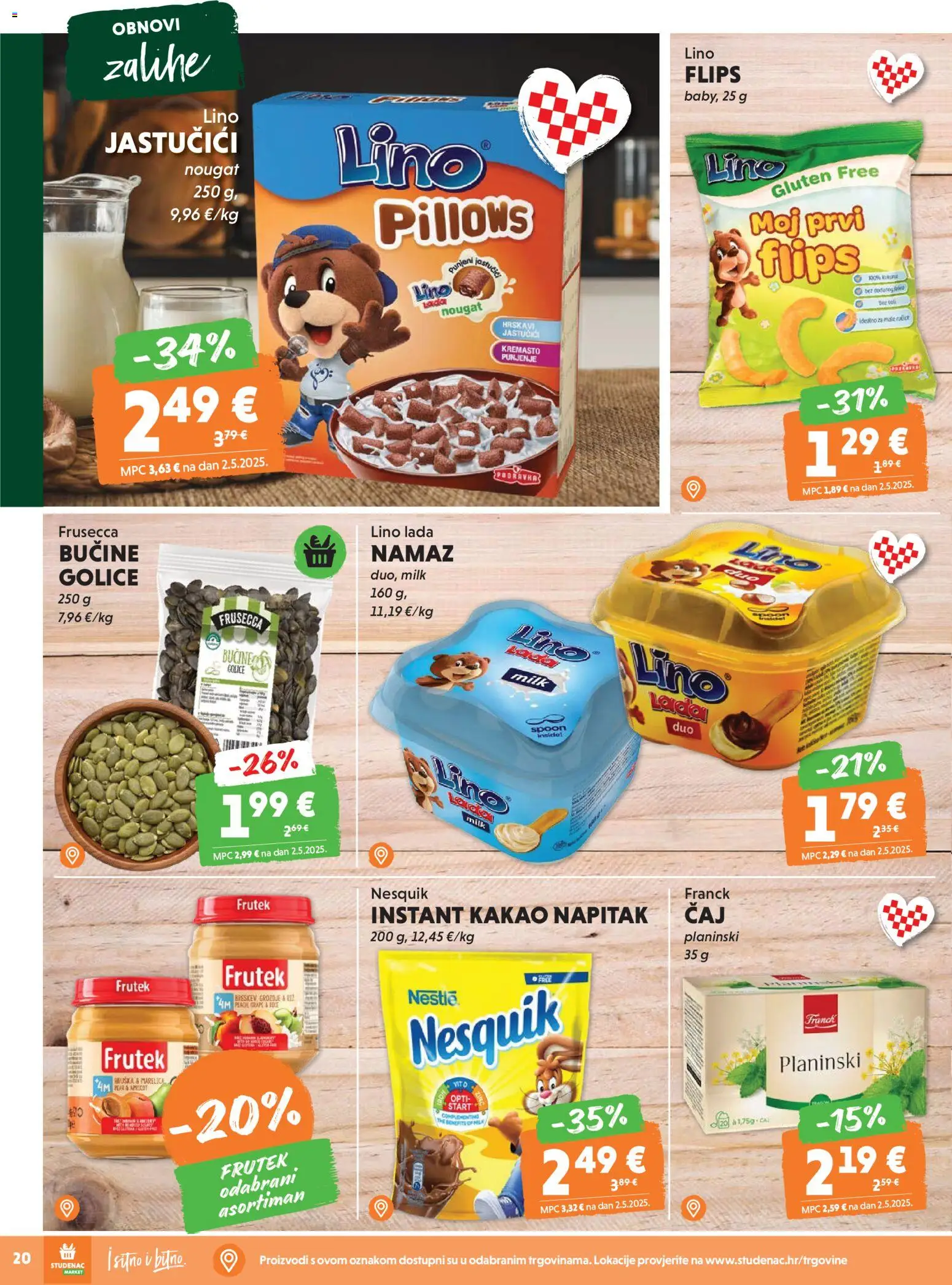 Studenac katalog | vrijedi od 18.03.2026 | Stranica: 20 | Proizvodi: Flips, Lino Lada, Nesquik, Namaz