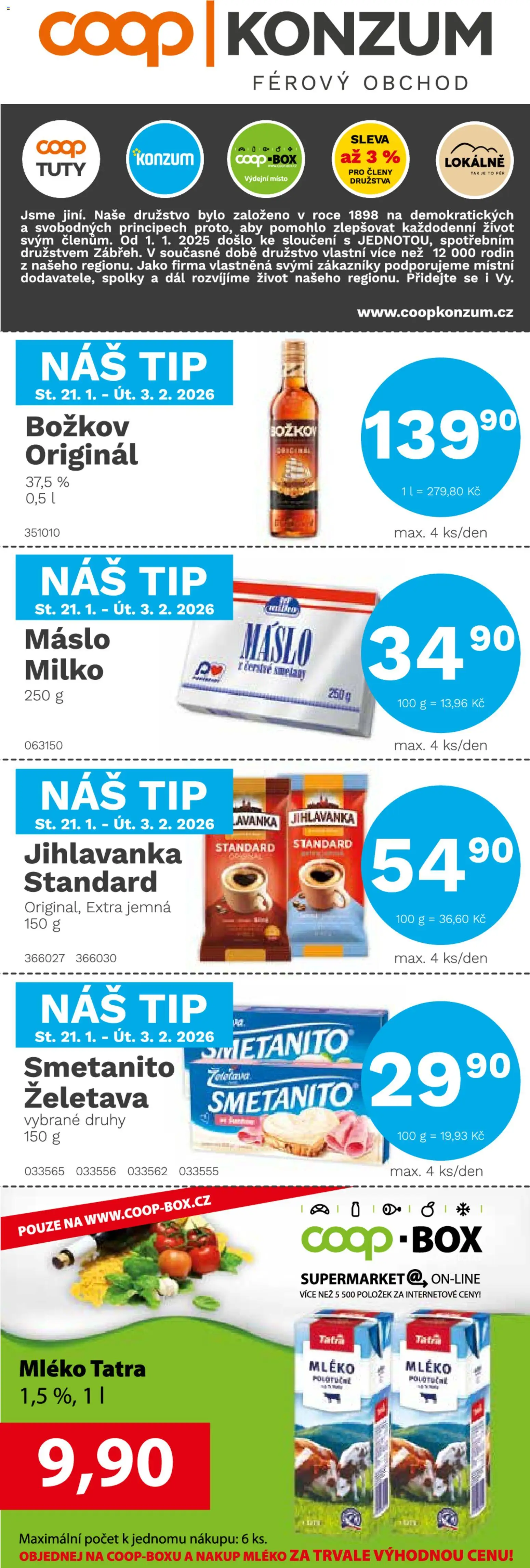 Konzum leták od 21.01.2026 | Strana: 1 | Produkty: Mléko, Máslo, Božkov, Božkov originál