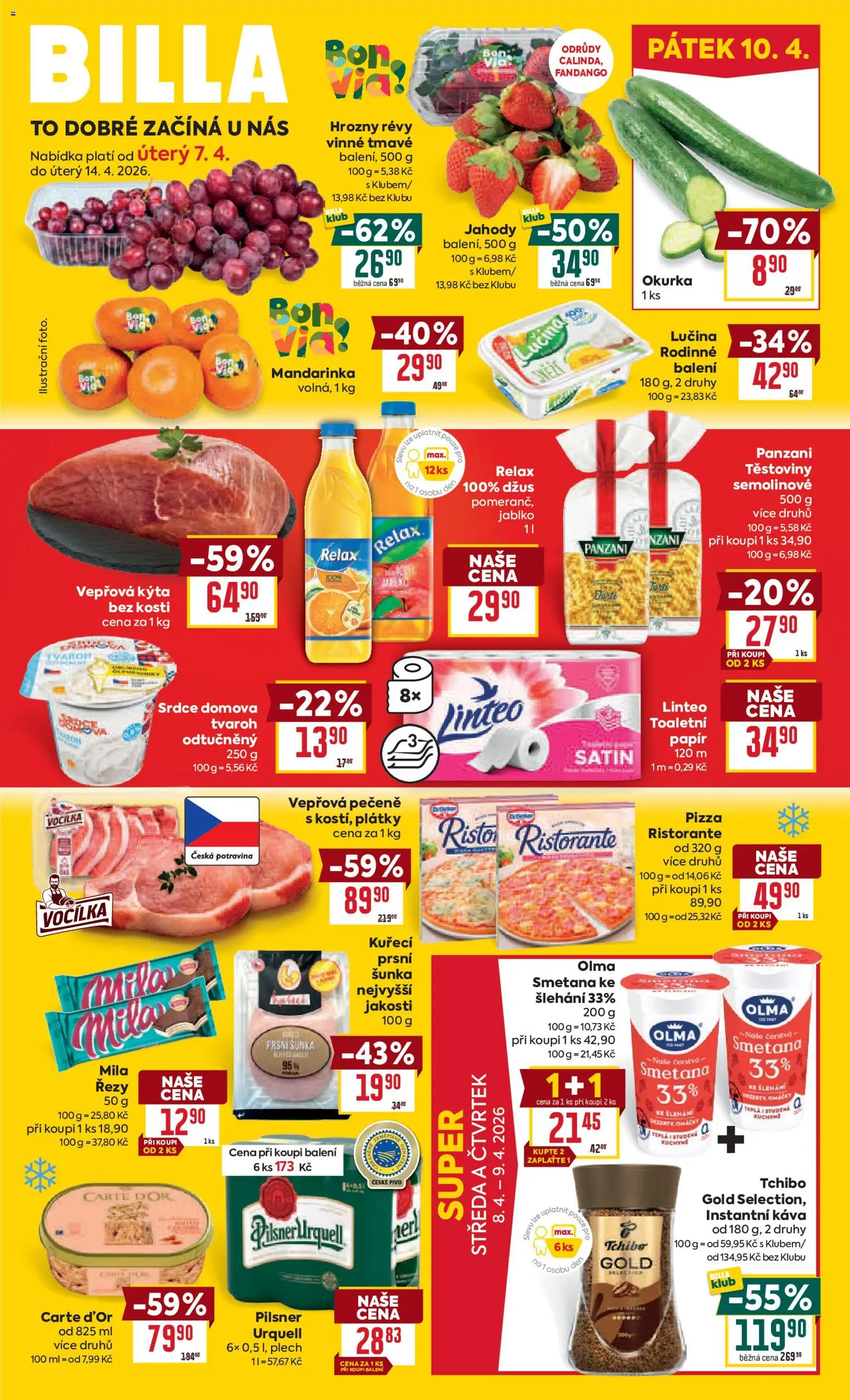 Billa Velký leták od 07.04.2026 | Strana: 1 | Produkty: Vepřová pečeně, Smetana, Instantní káva, Okurka