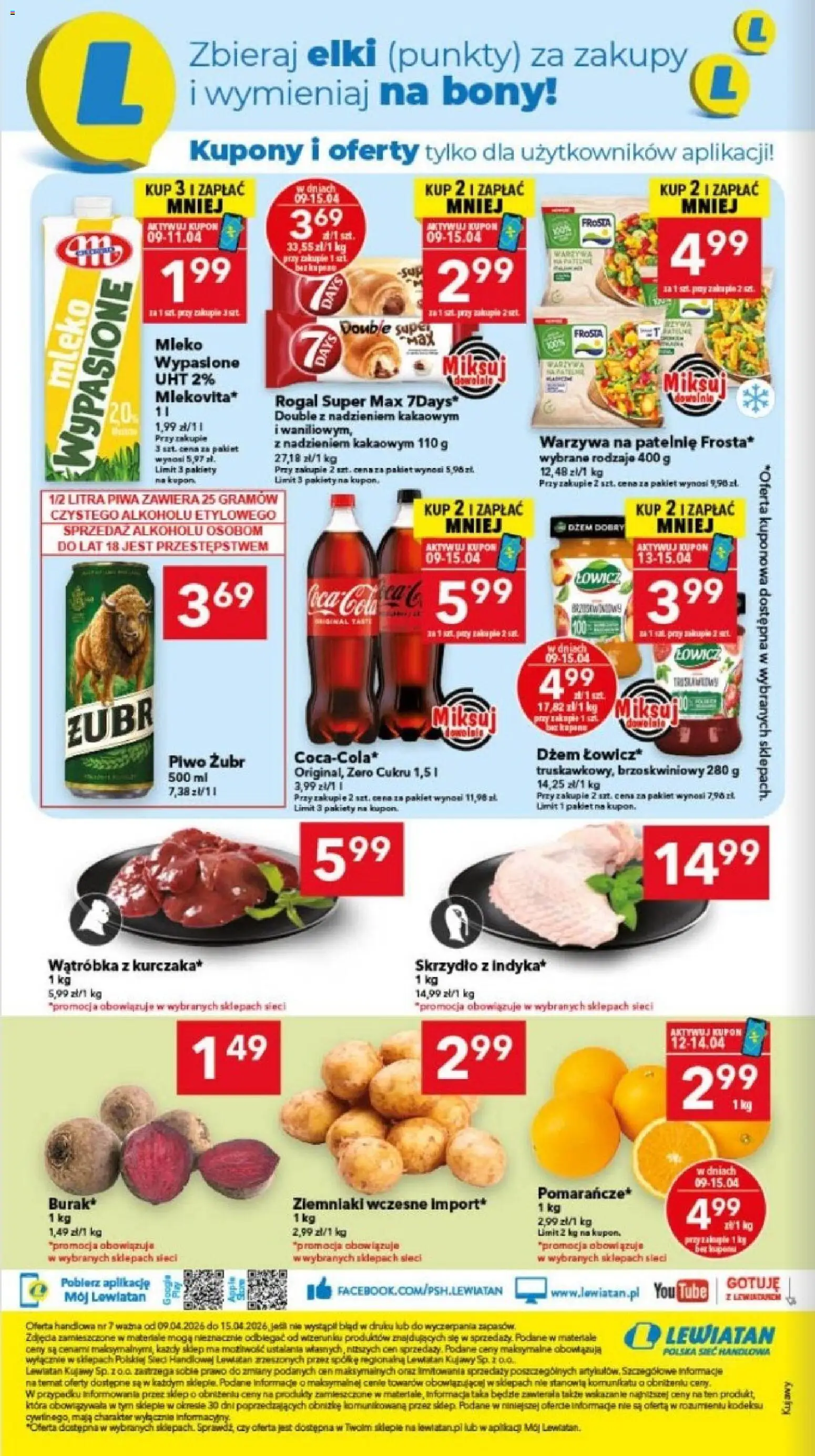 Lewiatan gazetka - Bydgoszcz od 09.04.2026 | Strona: 8 | Produkty: Piwo żubr, Wątróbka, Mleko, Warzywa