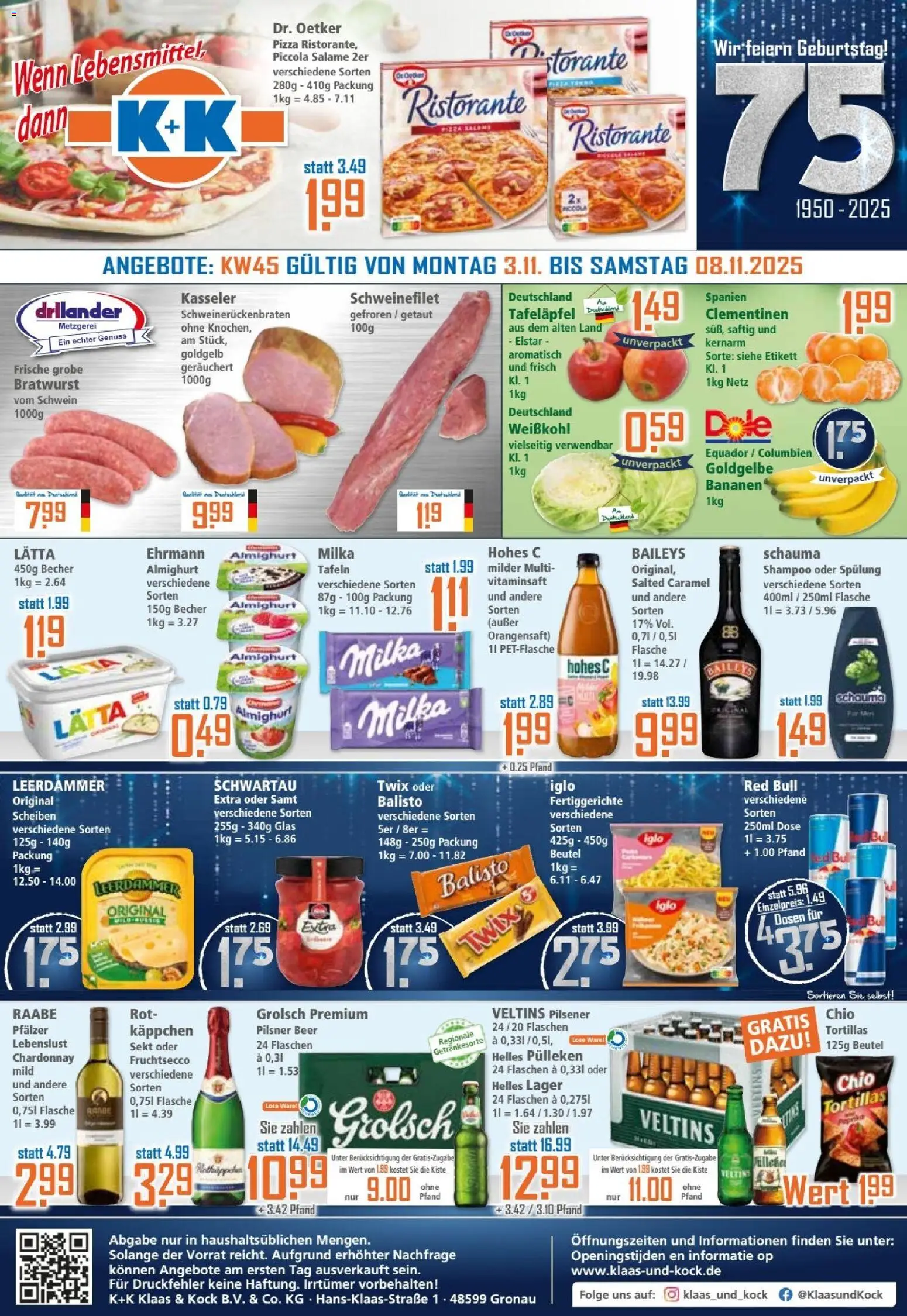 Klaas & Kock Prospekt – gültig ab 03.11.2025 | Seite: 1 | Produkte: Bananen, Shampoo, Orangensaft, Veltins