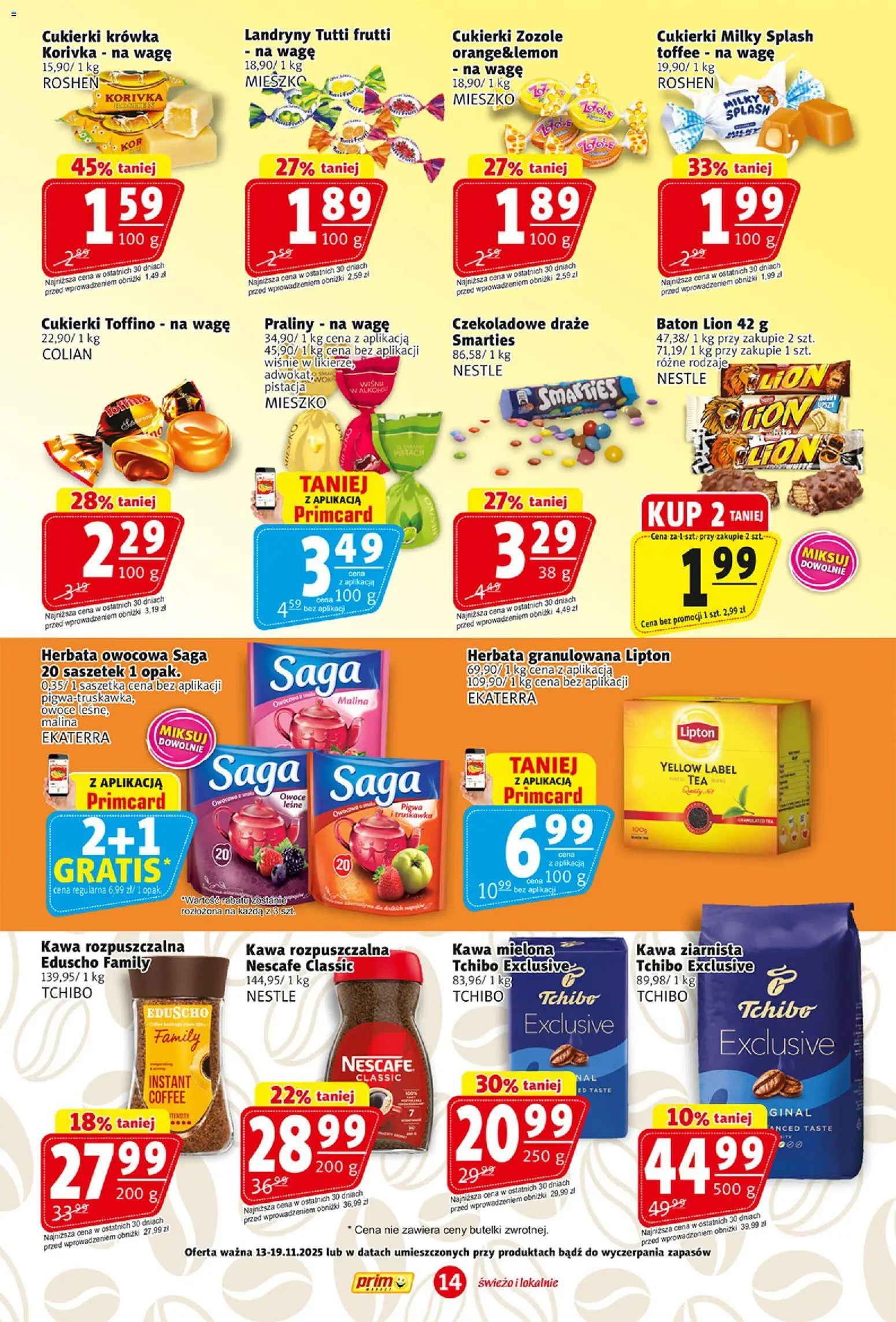 Prim Market Gazetka od 13.11.2025 | Strona: 14 | Produkty: Cukierki toffino, Baton, Kawa, Herbata