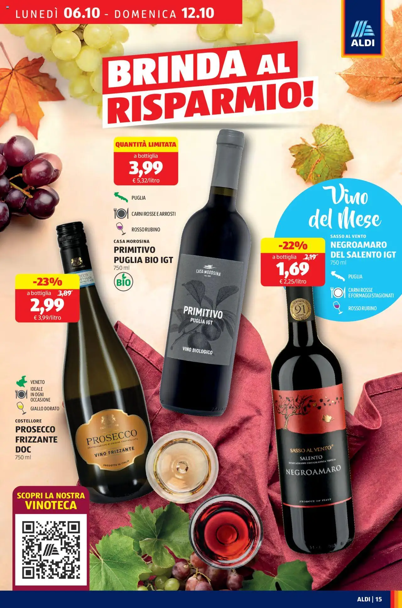 Volantino Aldi del 06.10.2025 | Pagina: 15 | Prodotti: Prosecco, Vino, Bottiglia