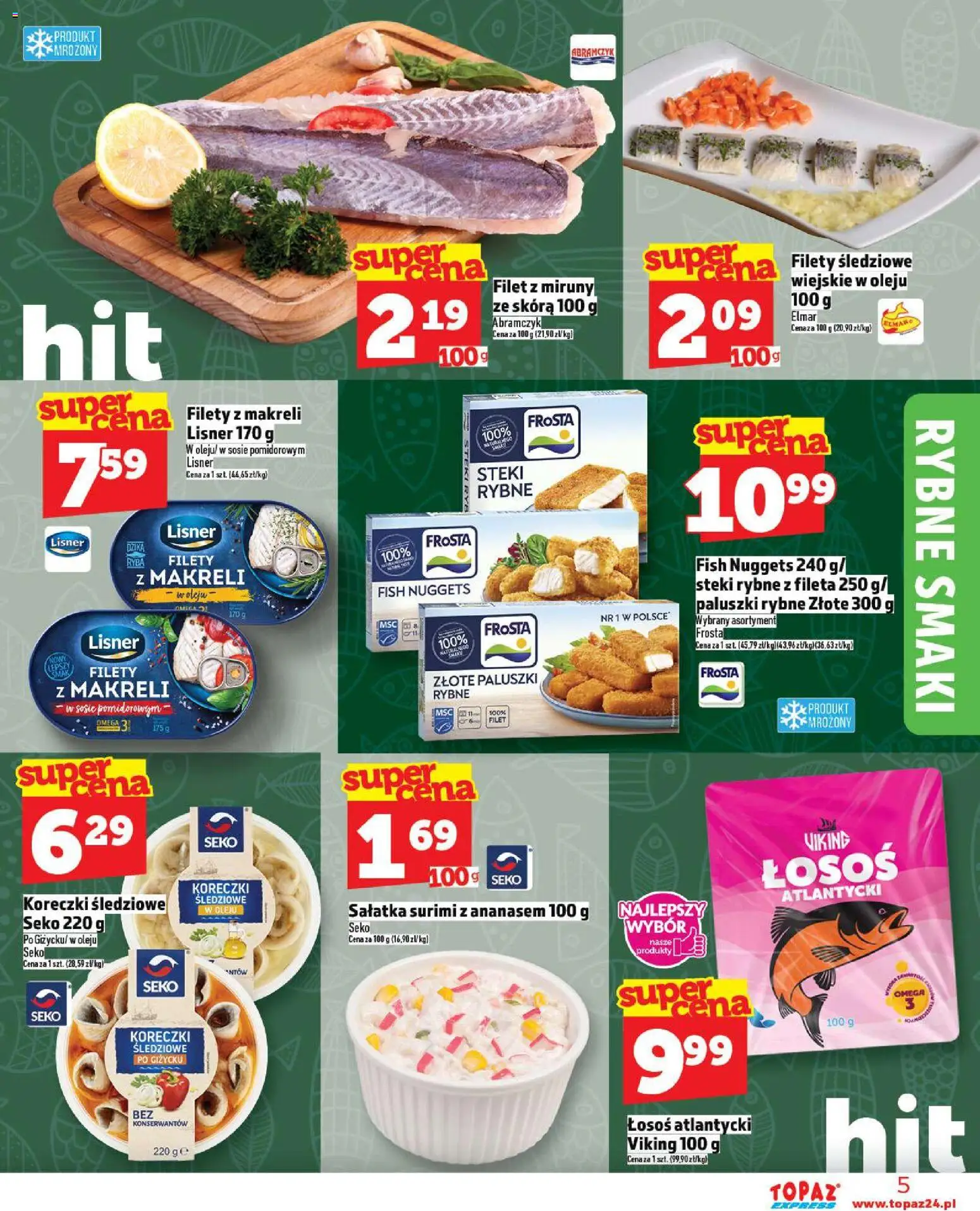 Topaz Gazetka - Express od 20.11.2025 | Strona: 5 | Produkty: Łosoś atlantycki, Surimi, Paluszki rybne, Sałatka
