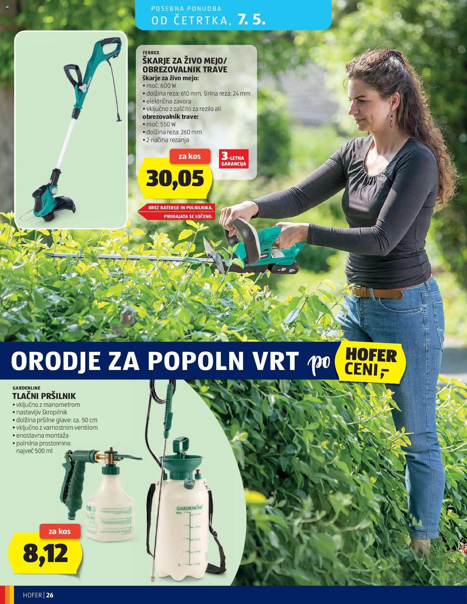 Novi Hofer katalog ponudbe – veljaven od 29.04.2026 | Stran: 26 | Izdelki: Škarje za živo mejo, Baterije, Orodje, Kos