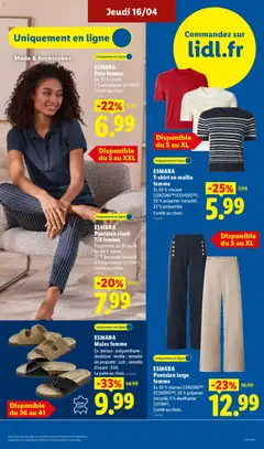 LIDL - Prévisualisation de ESMARA Pantalon slack 7/8 femme, Disponible du 36 au 48 Ex. 64% coton, 32% polyester (recyclé), 4% élasthanne (LYCRA®) L'unité au choix. valide à partir de 16.04.2026 | Page: 45