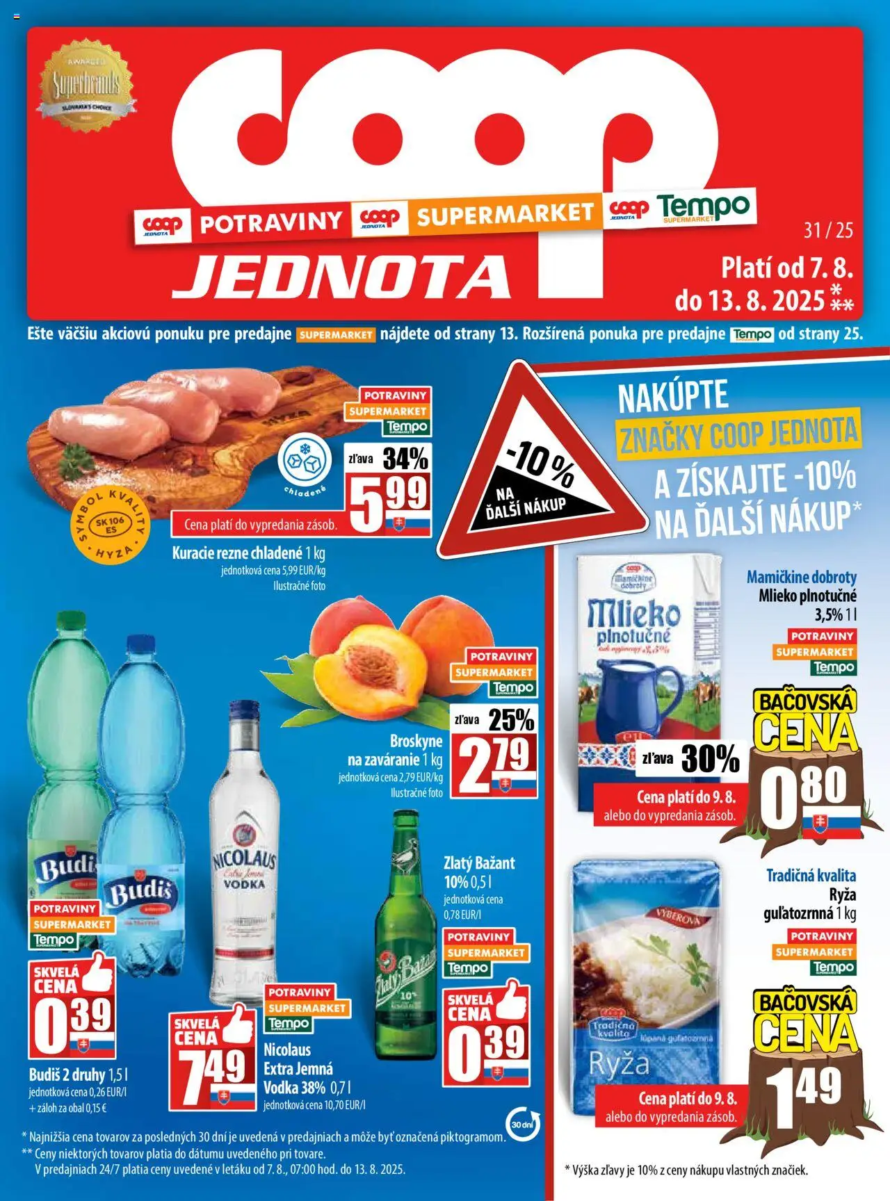 COOP Jednota leták │ platný od 07.08.2025 | Strana: 1 | Produkty: Mlieko, Ryža, Vodka, Broskyne
