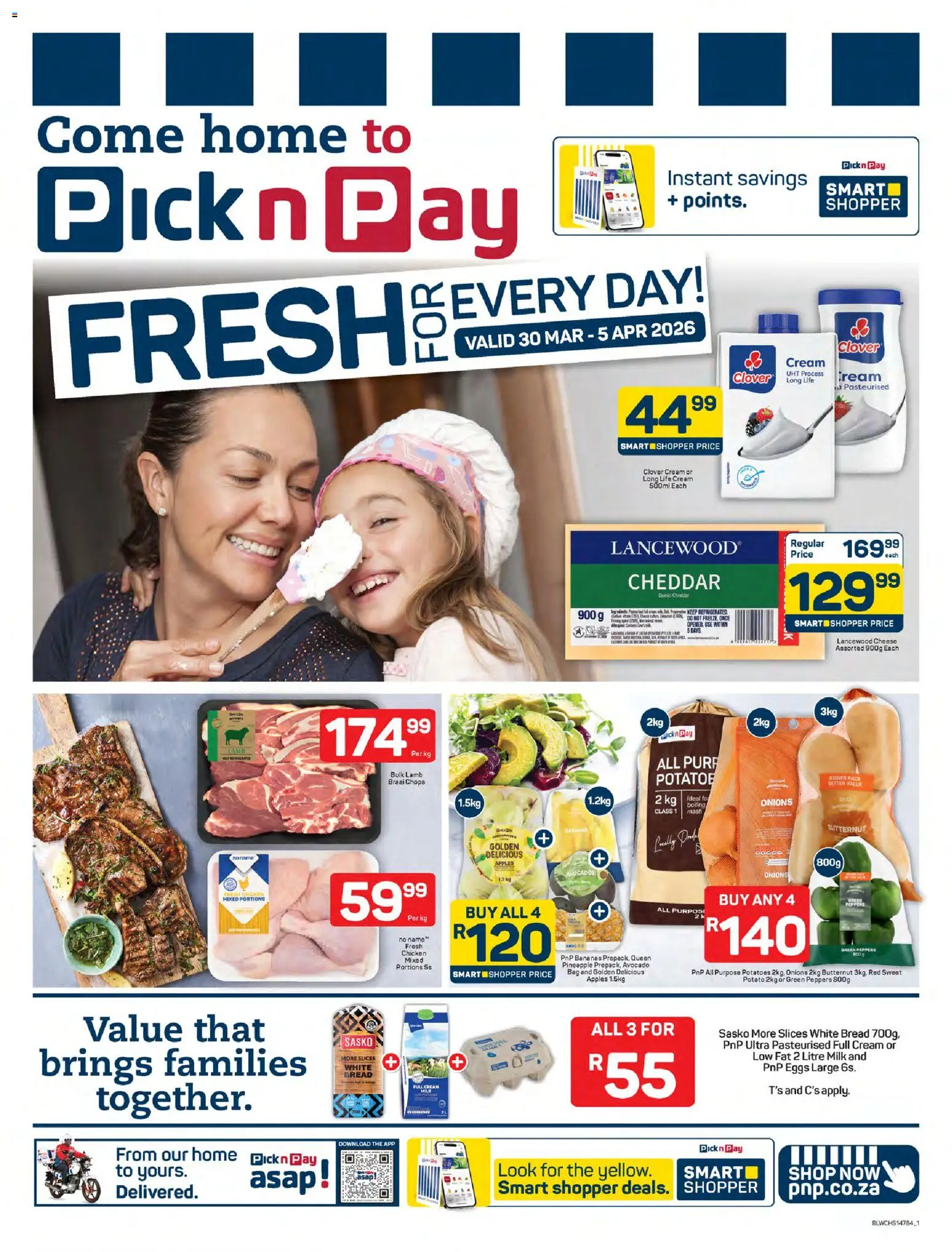 New Pick n Pay catalogue – valid from 30.03.2026 | Page: 1 | Products: Eggs, Bread, Cream, Potatoes