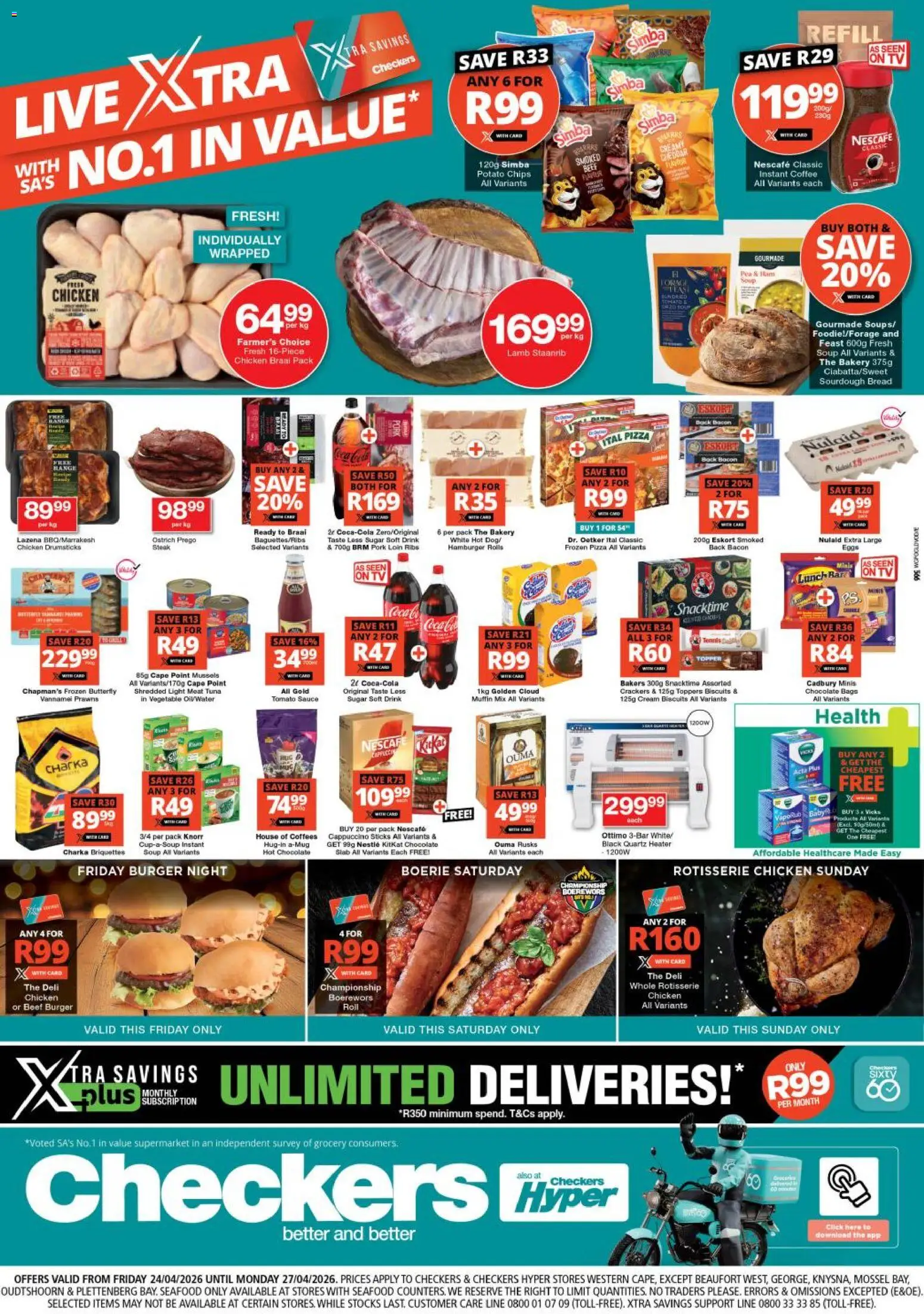 New Checkers catalogue – valid from 24.04.2026 | Page: 1 | Products: Boerewors, Bread, Cream, Estuche organizador de viaje