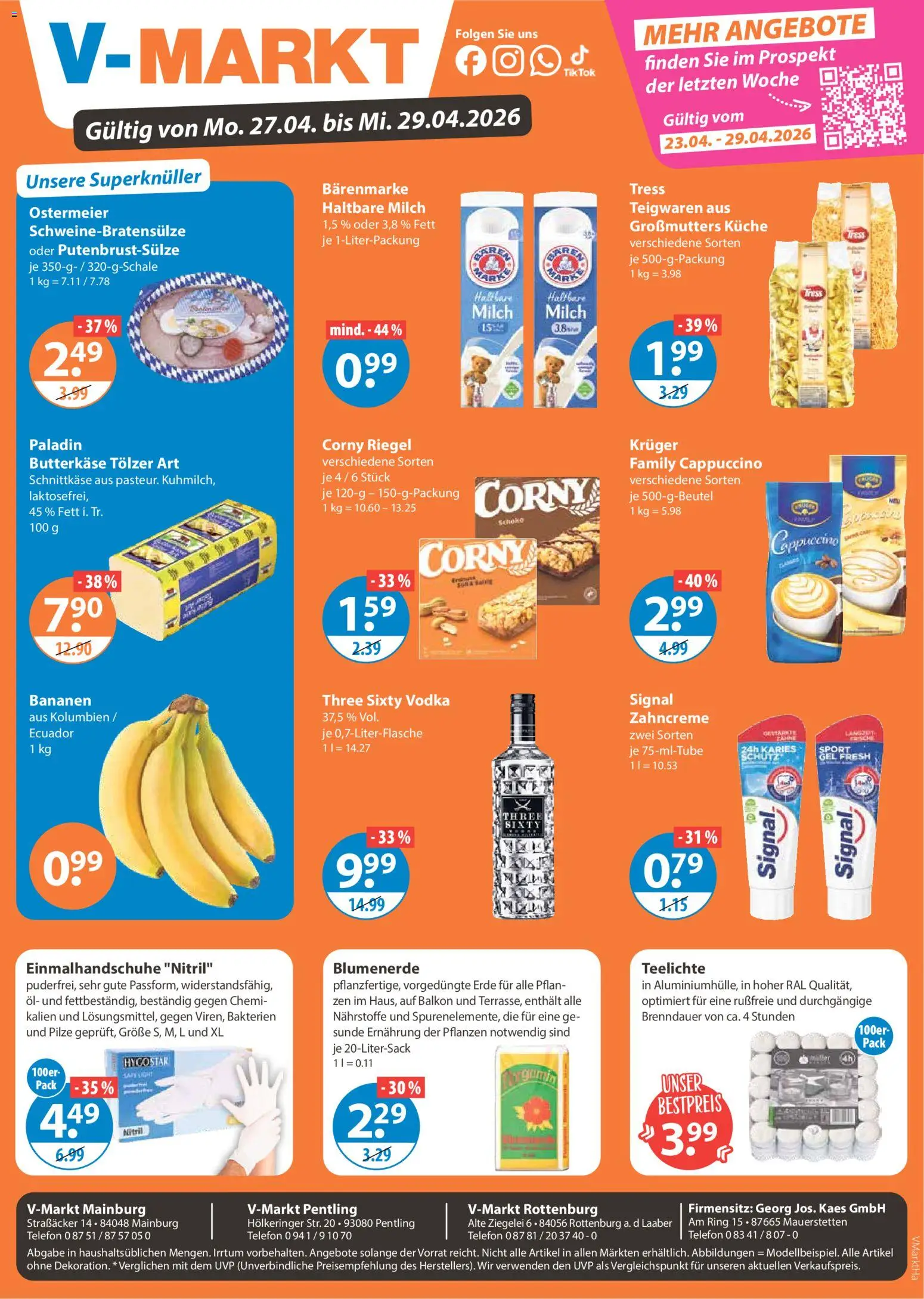 V-Markt Angebote – gültig ab 27.04.2026 | Seite: 1 | Produkte: Corny riegel, Blumenerde, Vodka, Telefon