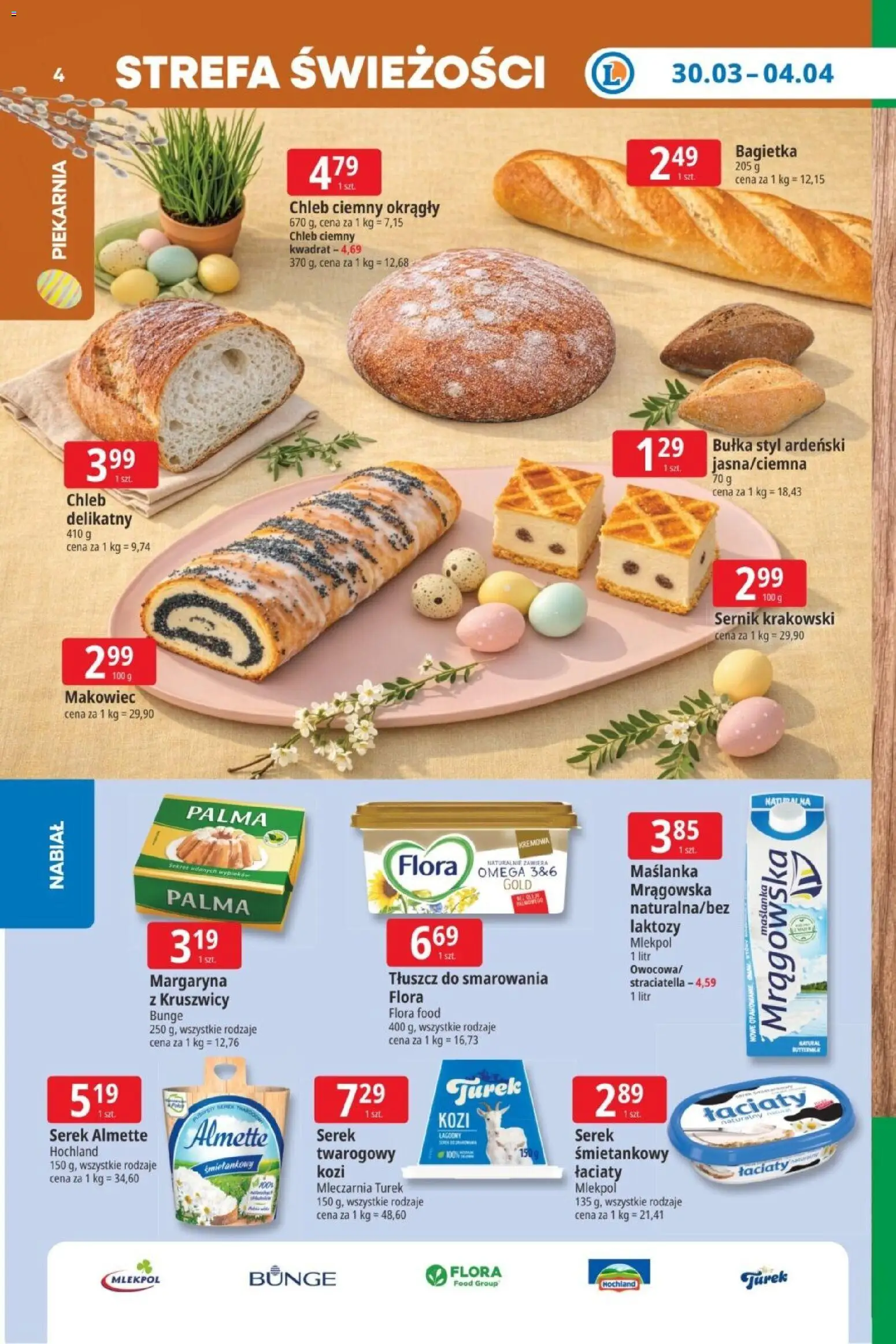 E.Leclerc gazetka od 30.03.2026 | Strona: 4 | Produkty: Maślanka, Piekarnia, Margaryna, Chleb