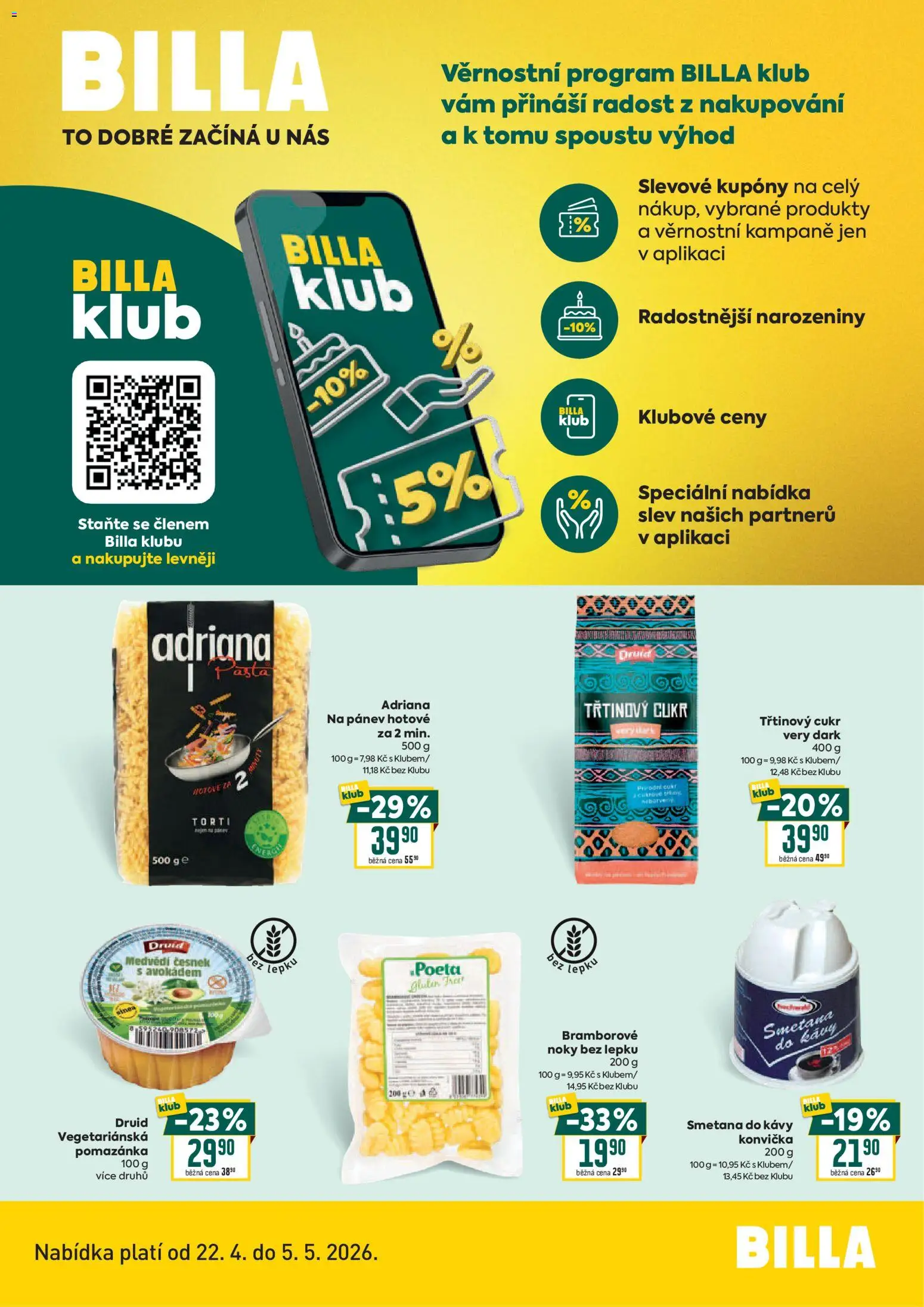 Billa leták - Bonus club od 22.04.2026 | Strana: 1 | Produkty: Třtinový cukr, Smetana, Noky, Česnek
