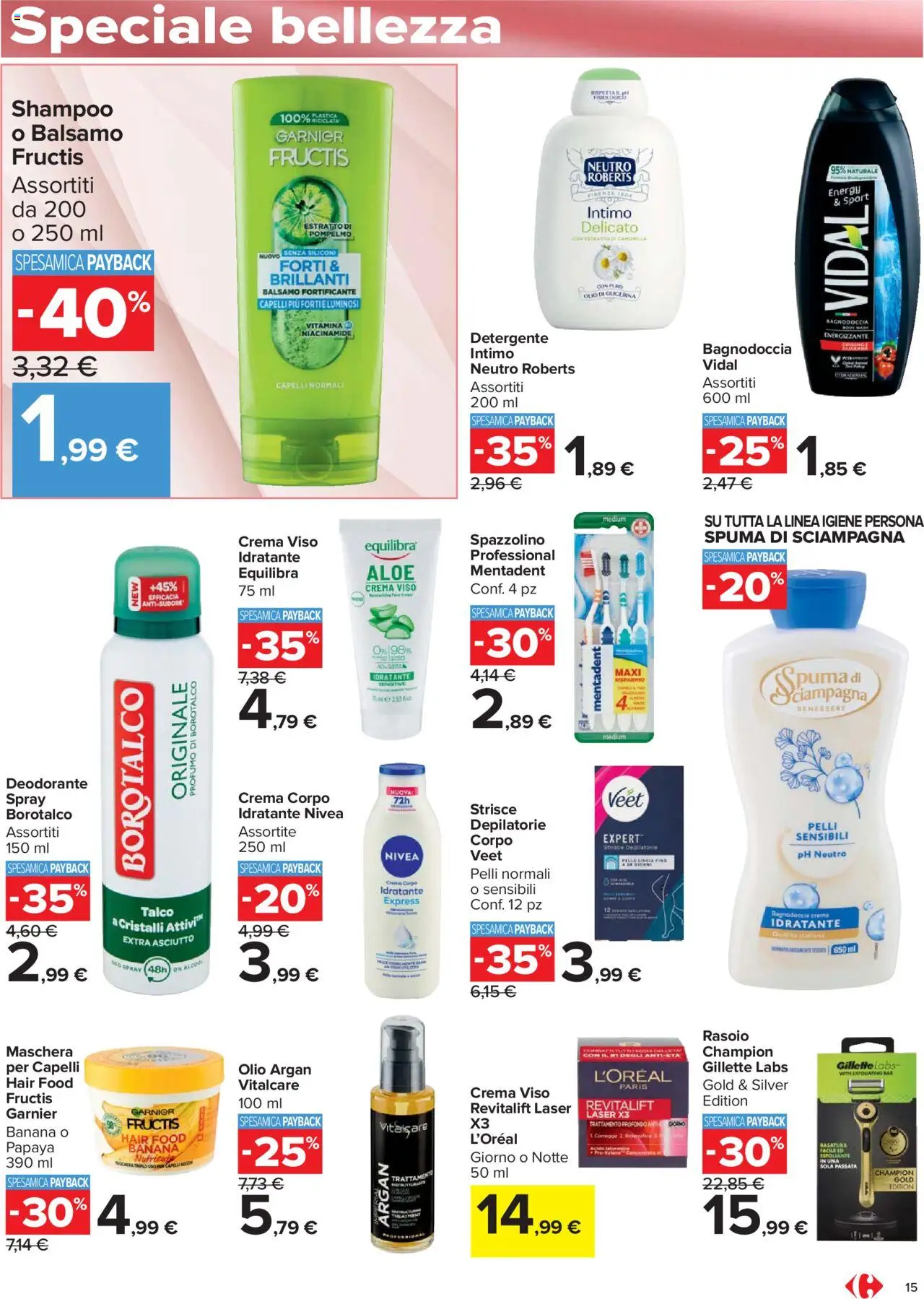 Volantino Carrefour del 15.09.2025 | Pagina: 15 | Prodotti: Maschera, Rasoio, Crema viso, Intimo