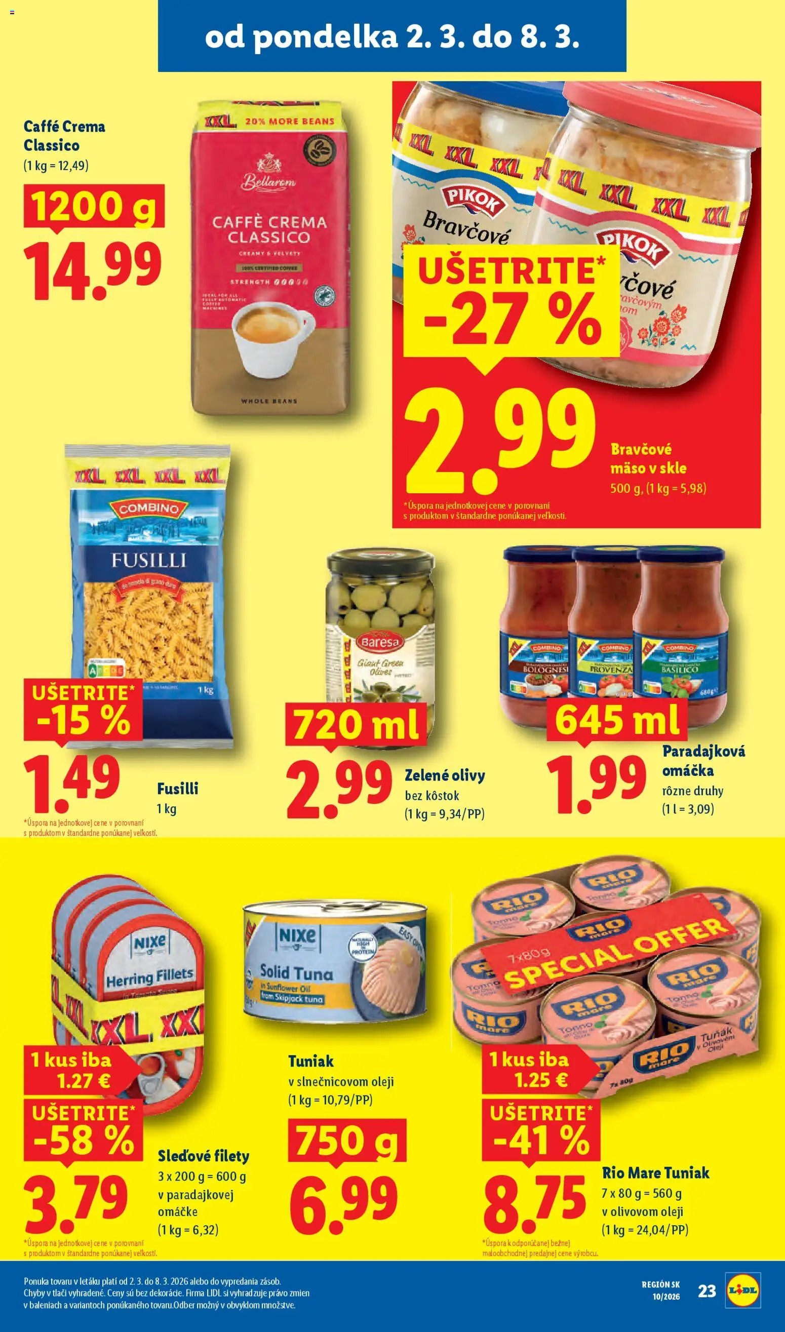 Nové Lidl akcie – leták je platný od 05.03.2026 | Strana: 65 | Produkty: Fusilli, Protein, Rio Mare, Bravčové mäso