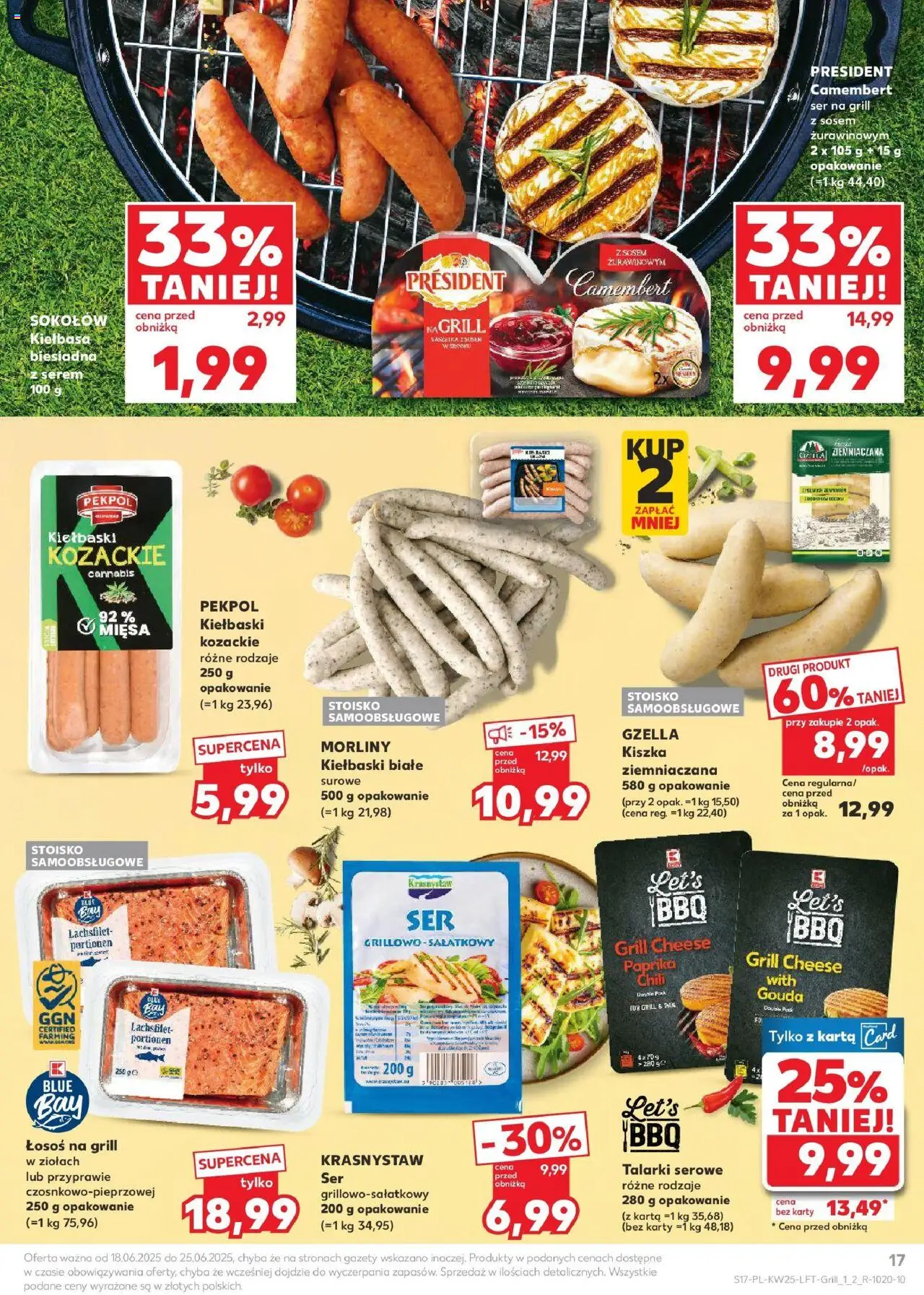 Kaufland gazetka od 18.06.2025 | Strona: 17 | Produkty: Kiełbasa, Kiełbaski, Łosoś, Camembert