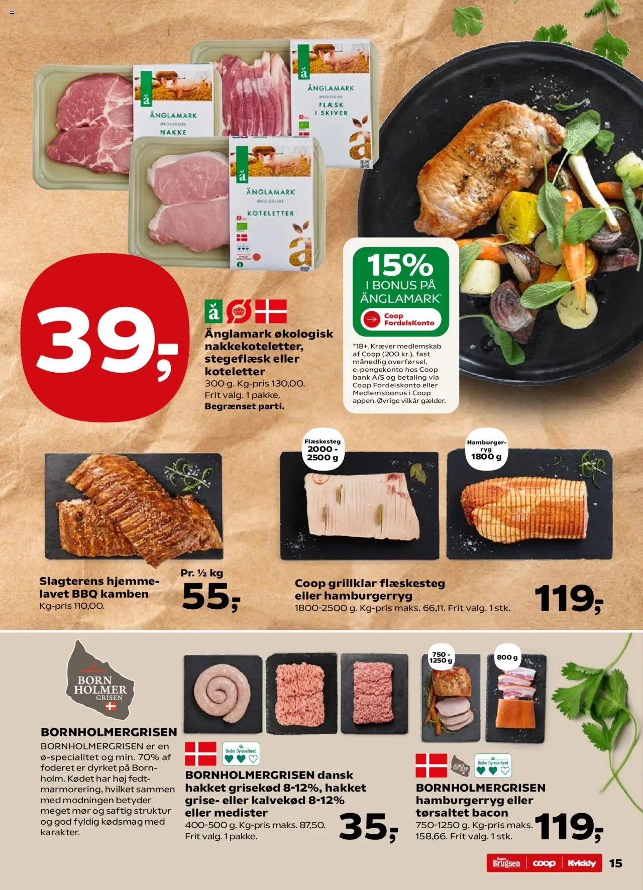 Super Brugsen Tilbudsavis gyldig fra 06.06.2025 | Side: 15 | Produkter: Koteletter, Flæskesteg, Bacon, Hamburgerryg