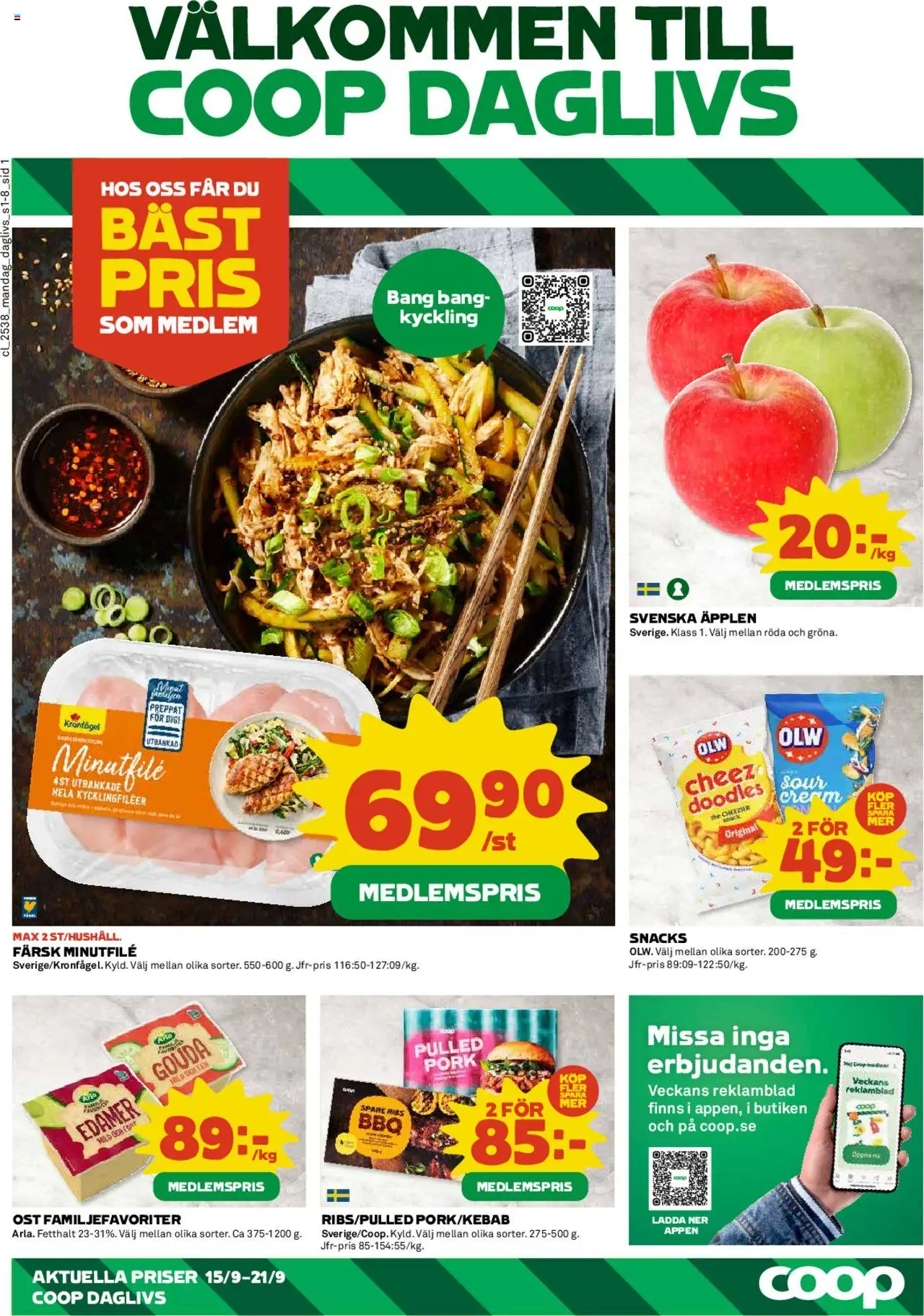 Coop Daglivs reklamblad aktuell från 15.09.2025 | Sida: 1 | Produkter: Ost, Äpplen