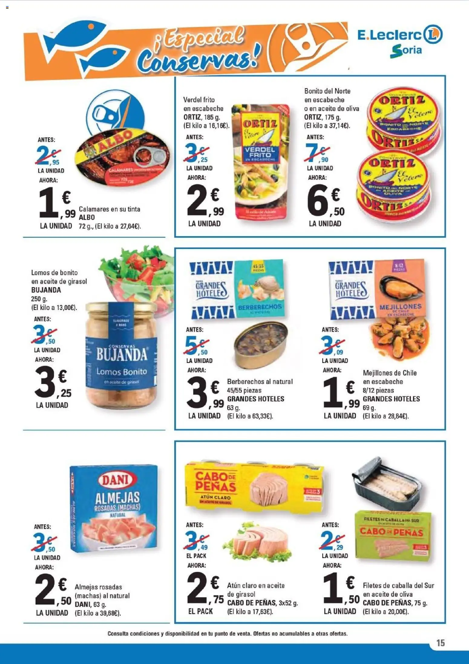 E.Leclerc folleto │ válido desde el 14.01.2026 | Página: 15 | Productos: Berberechos, Aceite, Σταθμός εργασίας, Atún claro