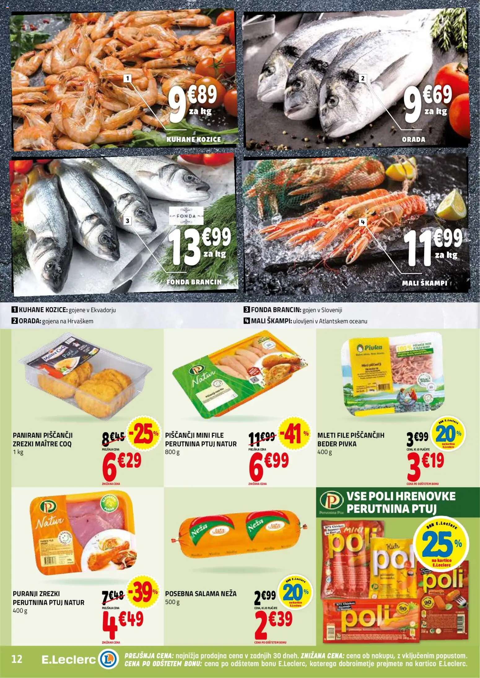 Novi E.leclerc katalog ponudbe – veljaven od 07.01.2026 | Stran: 12 | Izdelki: Hrenovke, Kozice, Orada, Salama