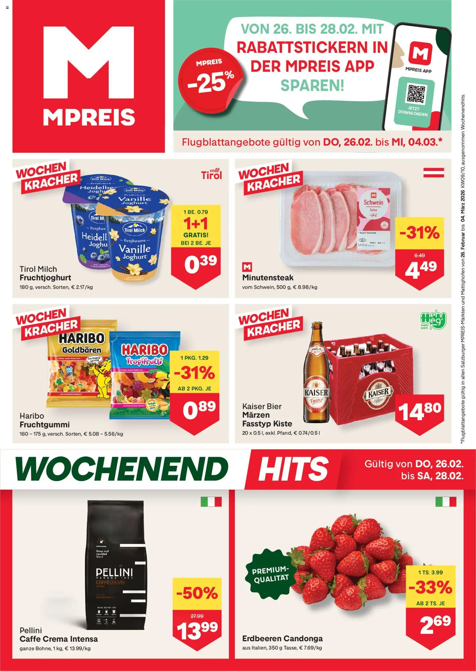 MPREIS Altenmarkt im Pongau gültig ab 26.02.2026 | Seite: 1 | Produkte: Erdbeeren, Milch, Joghurt, Bier
