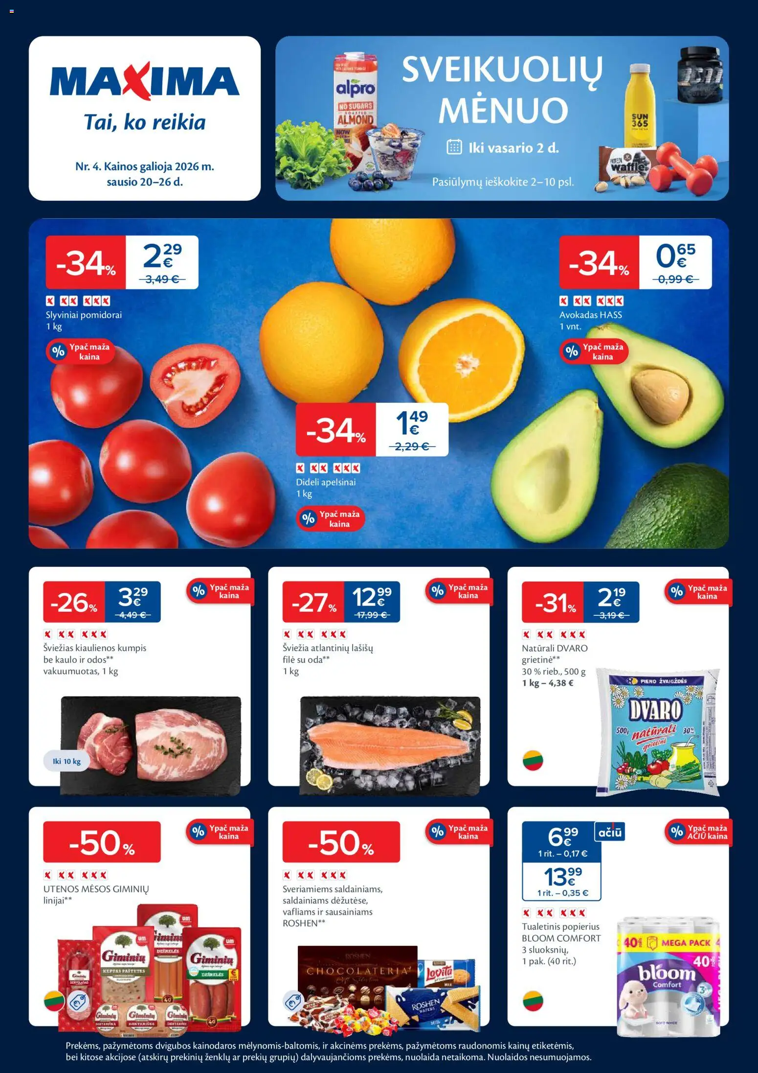 MAXIMA akcijos nuo 20.01.2026 | Puslapis: 1 | Prekių: Kiaulienos, Kumpis, Pomidorai, Tualetinis popierius