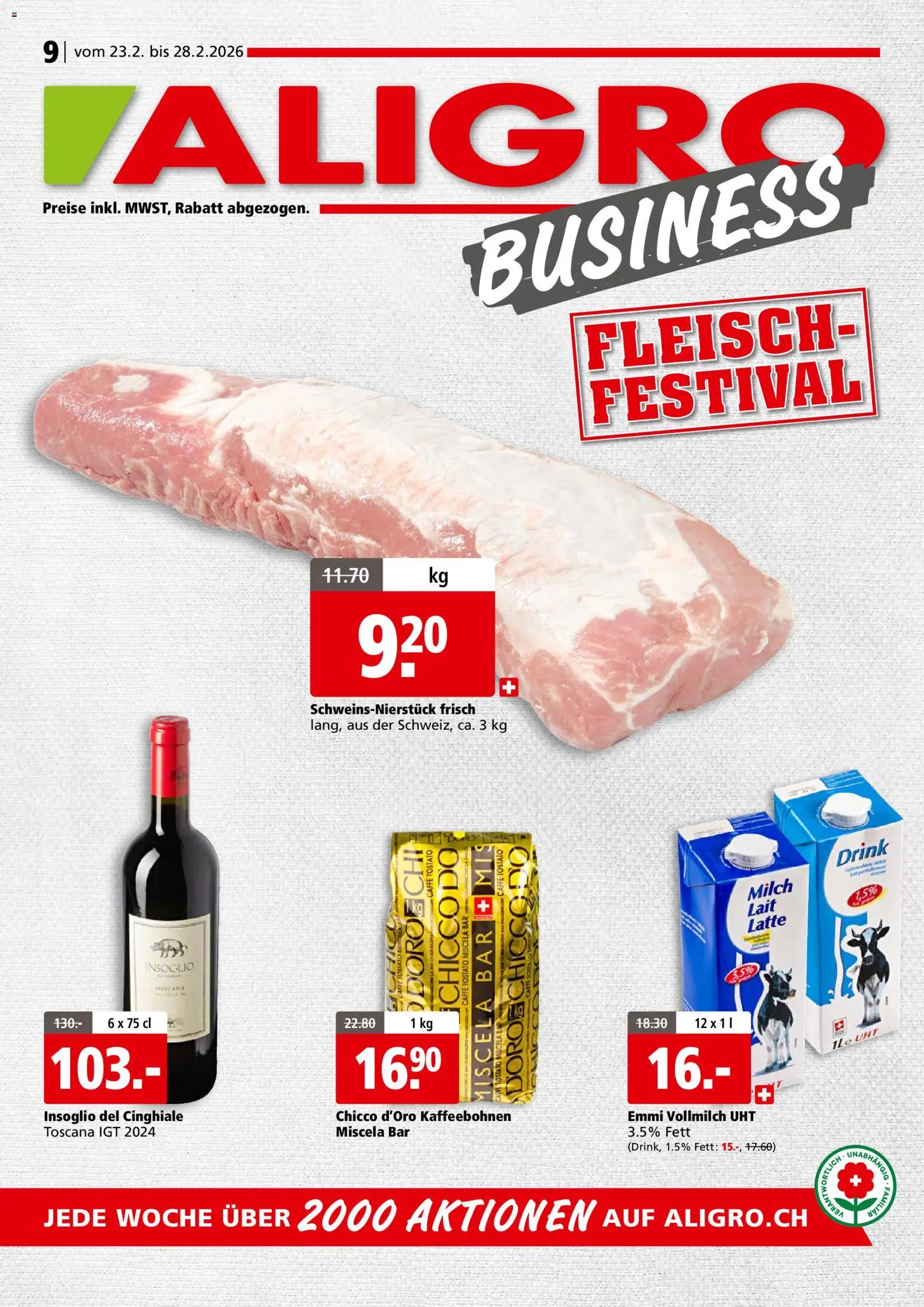 Aligro Aktionen Business Schlieren, Gossau SG, Frauenfeld, Rapperswil-Jona, Sargans, Bern, Brüttisellen, Pratteln, Emmen, Spreitenbach – gültig ab 23.02.2026 | Seite: 1 | Produkte: Milch