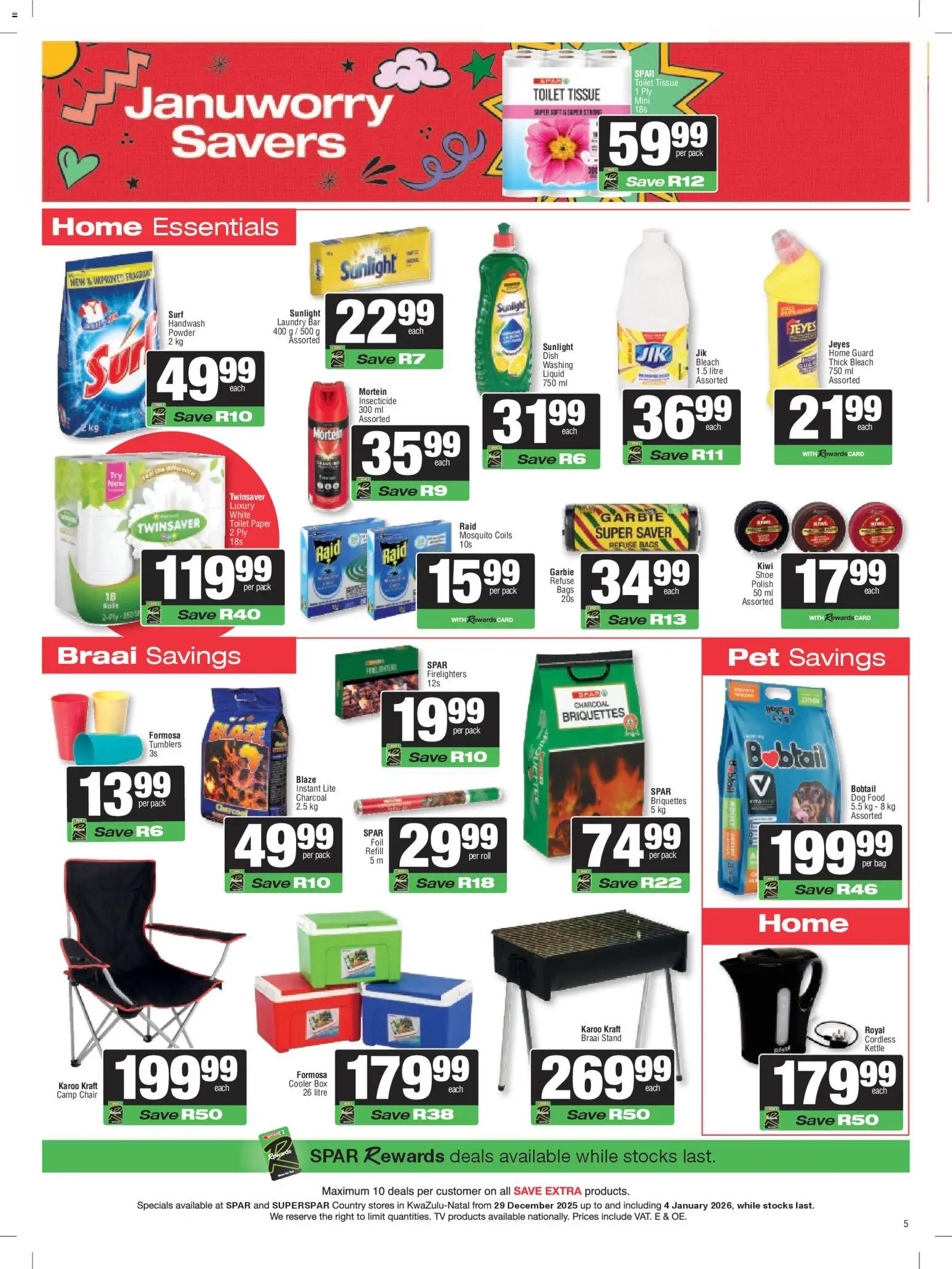 New Spar catalogue – valid from 29.12.2025 | Page: 5 | Products: Chair, Toilet, Bleach, Kiwi