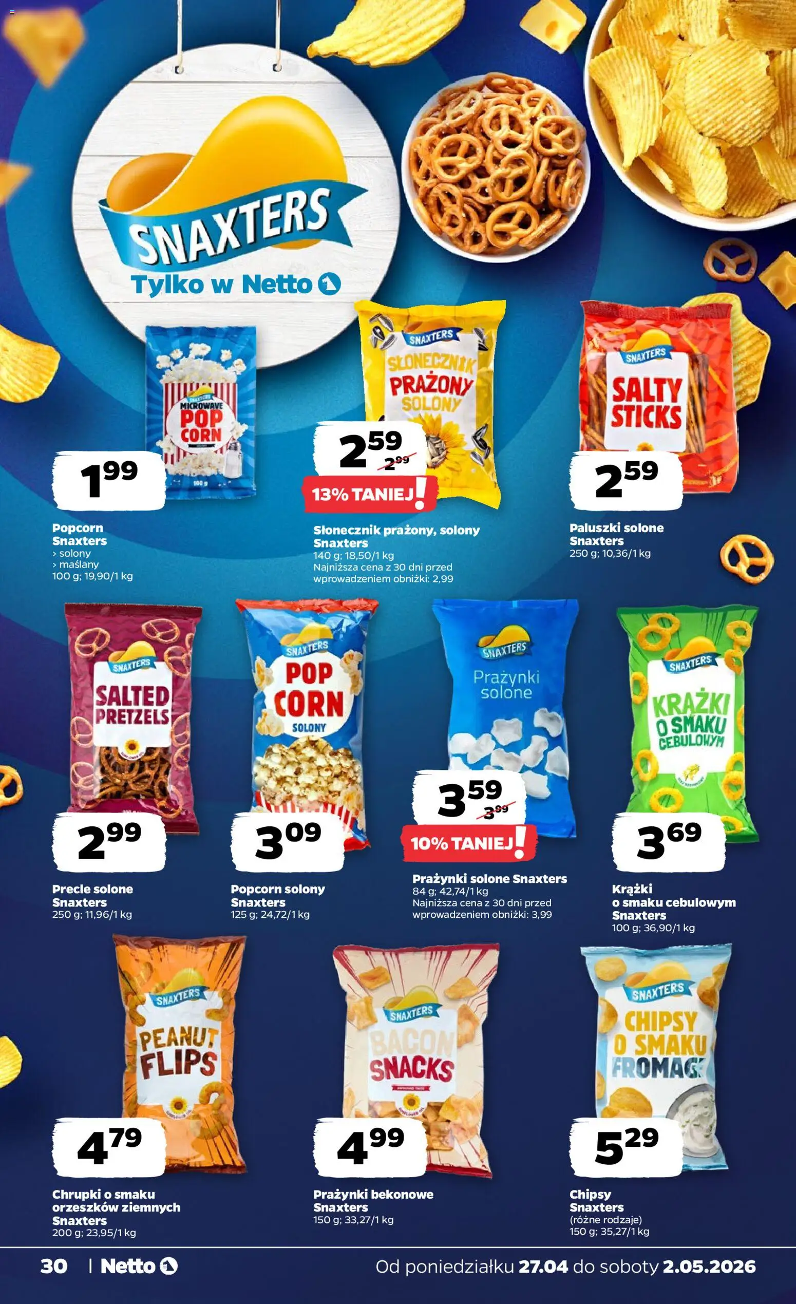 Netto gazetka od poniedziałku spożywcza od 27.04.2026 | Strona: 30 | Produkty: Chipsy, Chrupki, Paluszki, Popcorn