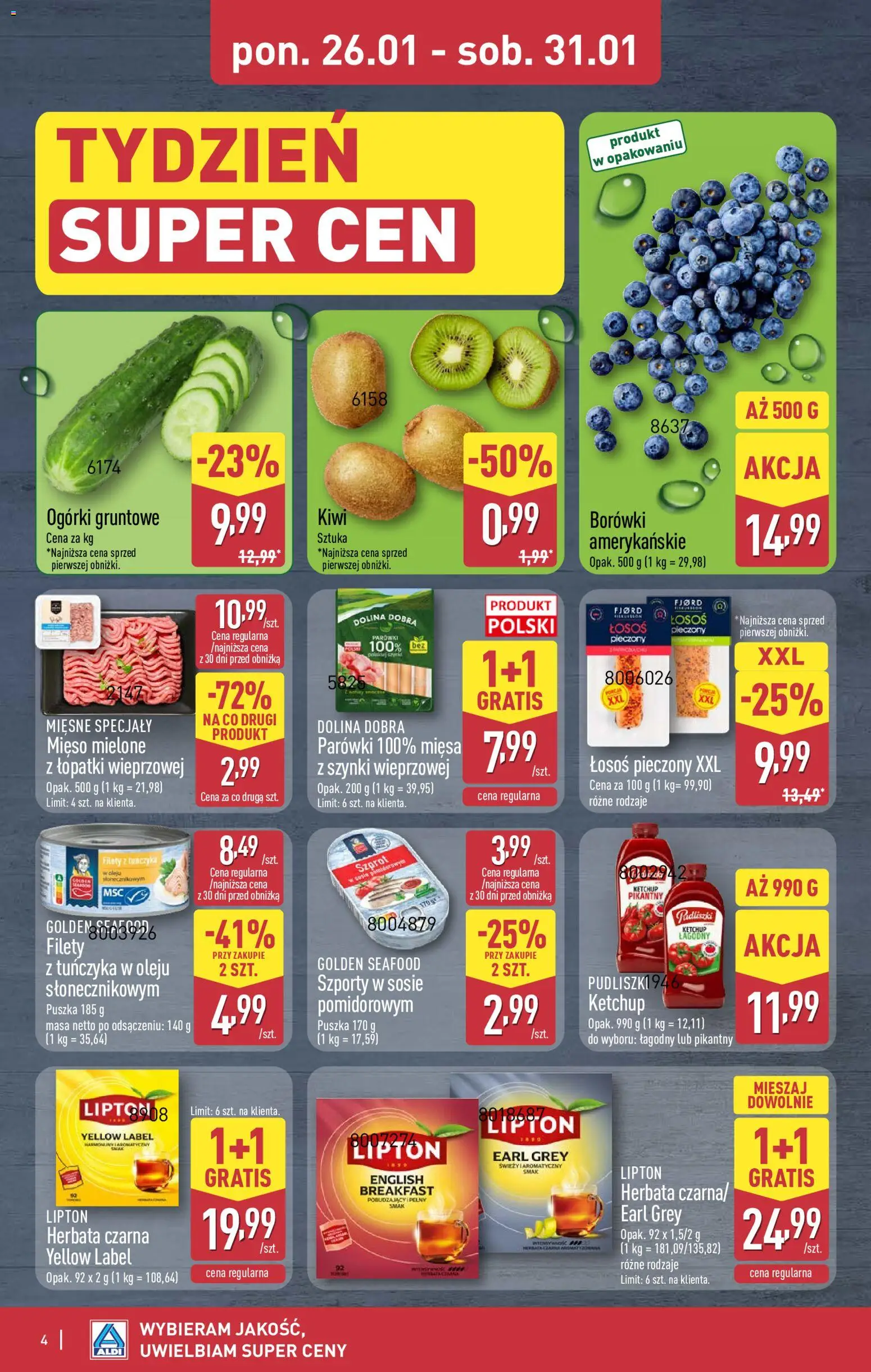 Aldi Gazetka - Okazje na weekend od 29.01.2026 | Strona: 4 | Produkty: Ketchup, Parówki, Łosoś, Ogórki