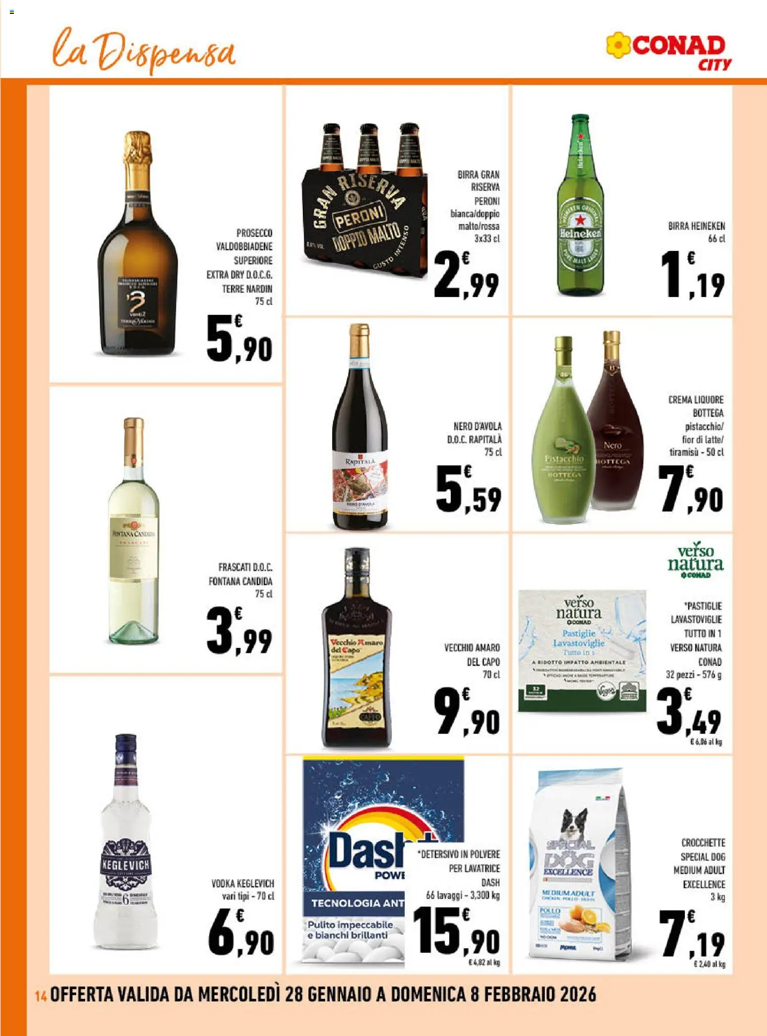 Volantino Conad del 28.01.2026 | Pagina: 14 | Prodotti: Birra, Vodka, Prosecco, Lavastoviglie