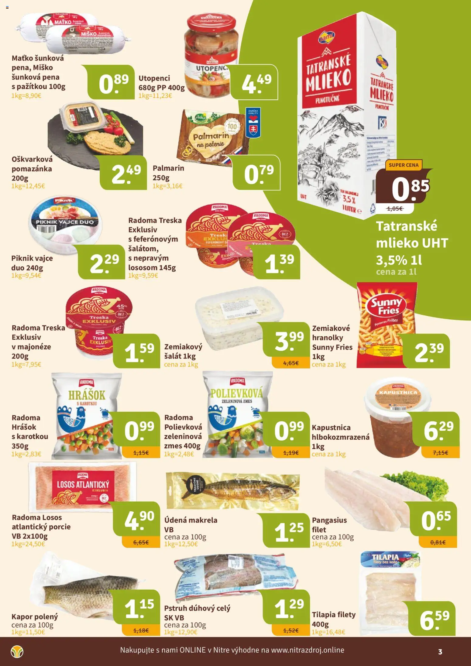 Nové Nitrazdroj akcie – leták je platný od 15.12.2025 | Strana: 3 | Produkty: Mlieko, Hrášok, Palmarin, Losos