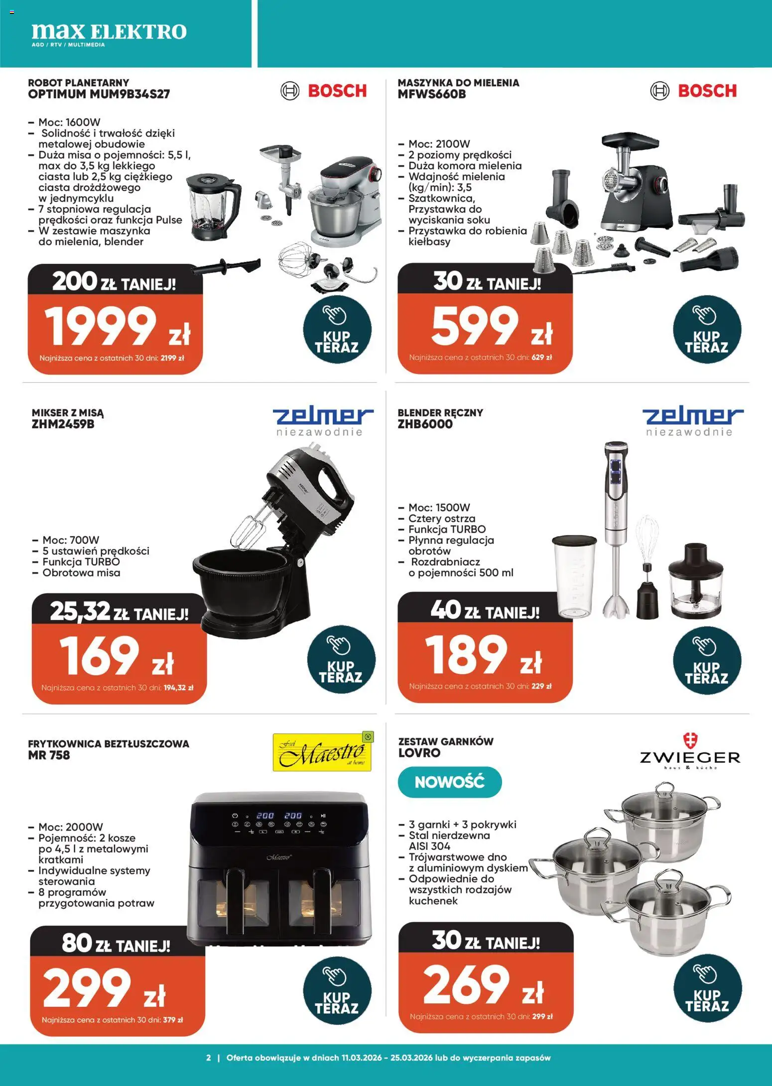 Max elektro gazetka od 11.03.2026 | Strona: 2 | Produkty: Blender ręczny, Mikser, Blender, Garnki