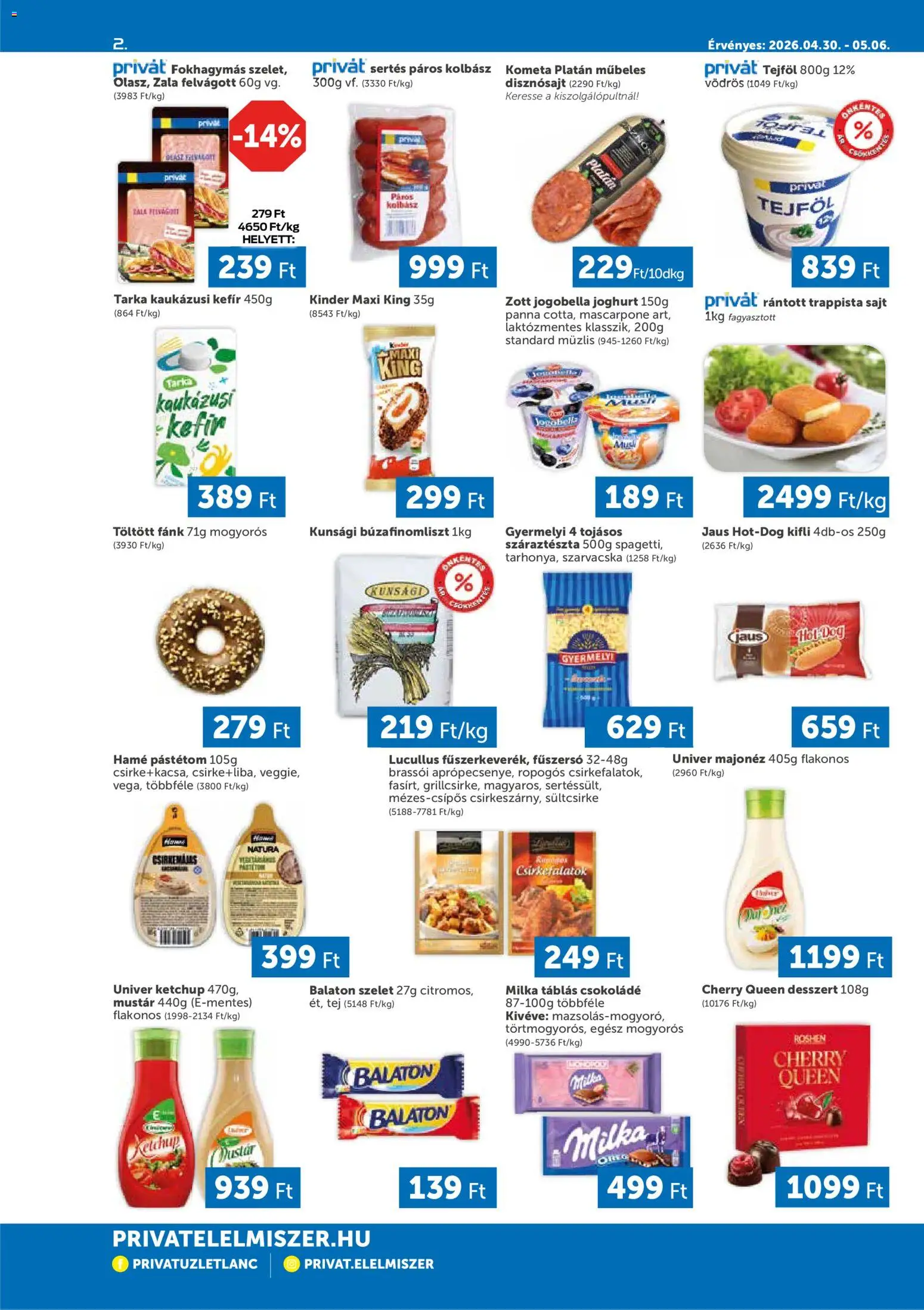 PRIVÁT akciós ujság - amely érvényes a következő dátumtól: 30.04.2026 | Oldal: 2 | Termékek: Fánk, Kifli, Joghurt, Majonéz