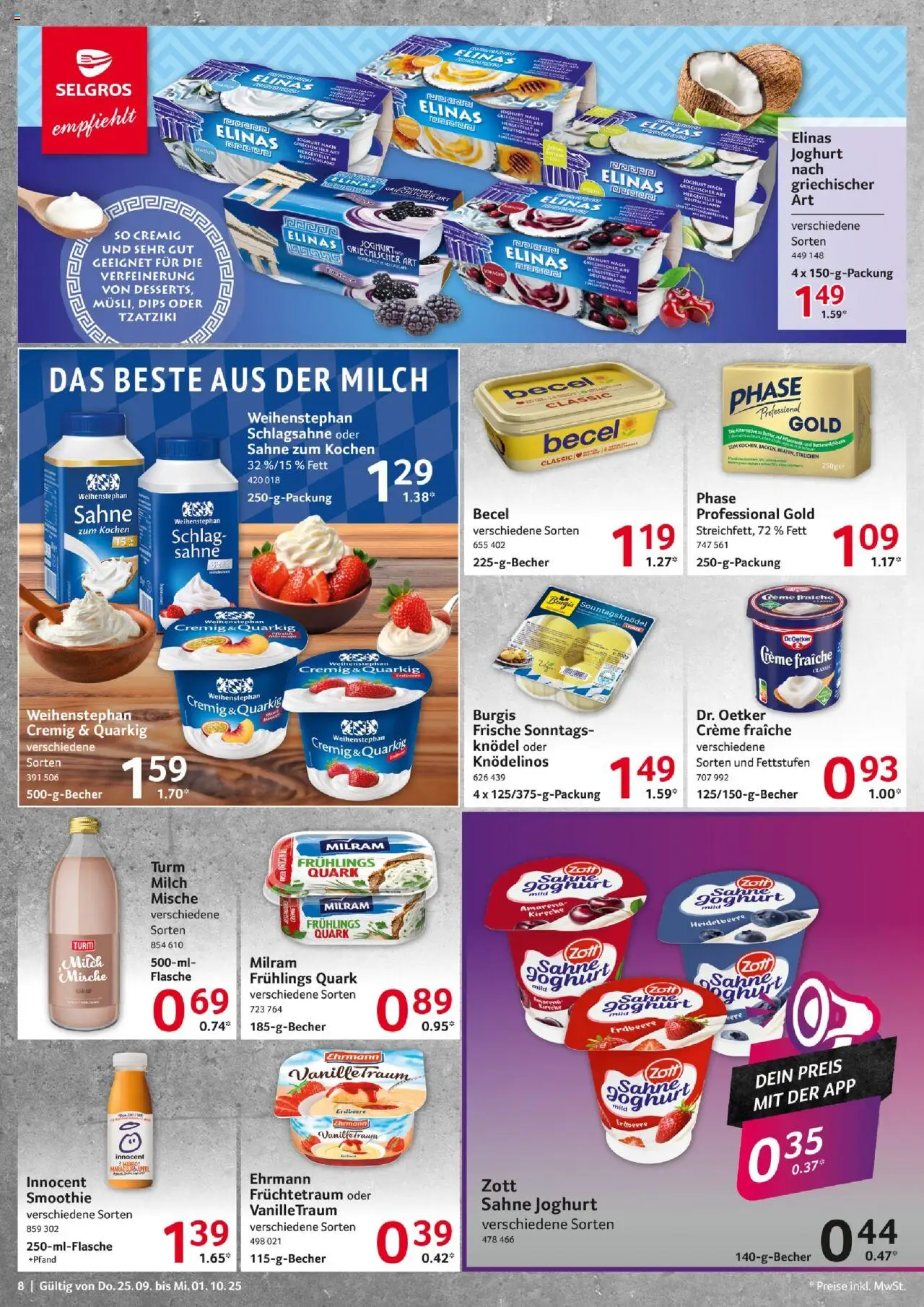 Selgros Prospekt 	 – gültig ab 25.09.2025 | Seite: 8 | Produkte: Milch, Joghurt, Creme, Sahne