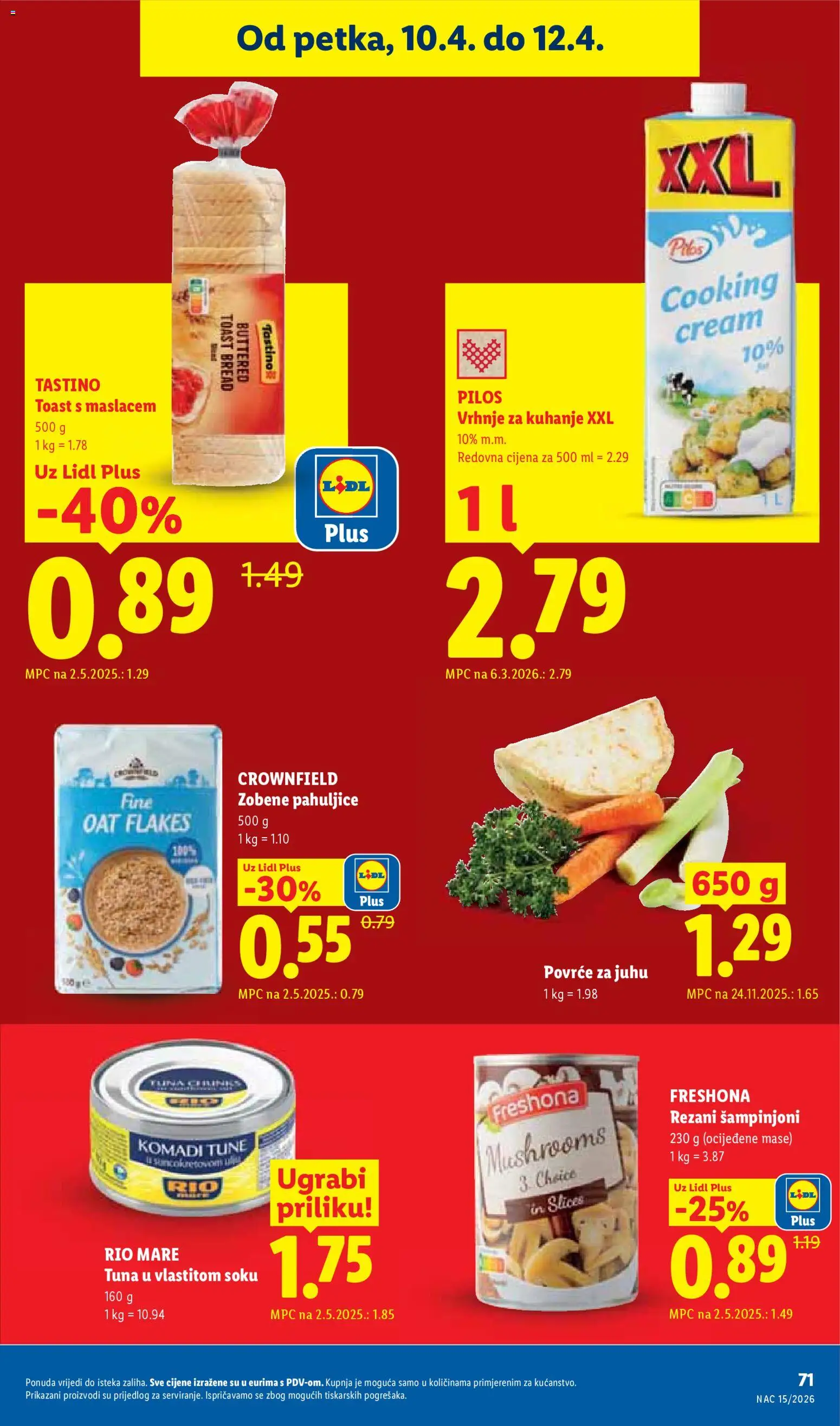 Lidl katalog | vrijedi od 07.04.2026 | Stranica: 71 | Proizvodi: Vrhnje za kuhanje, Toast, Zobene pahuljice, Povrće