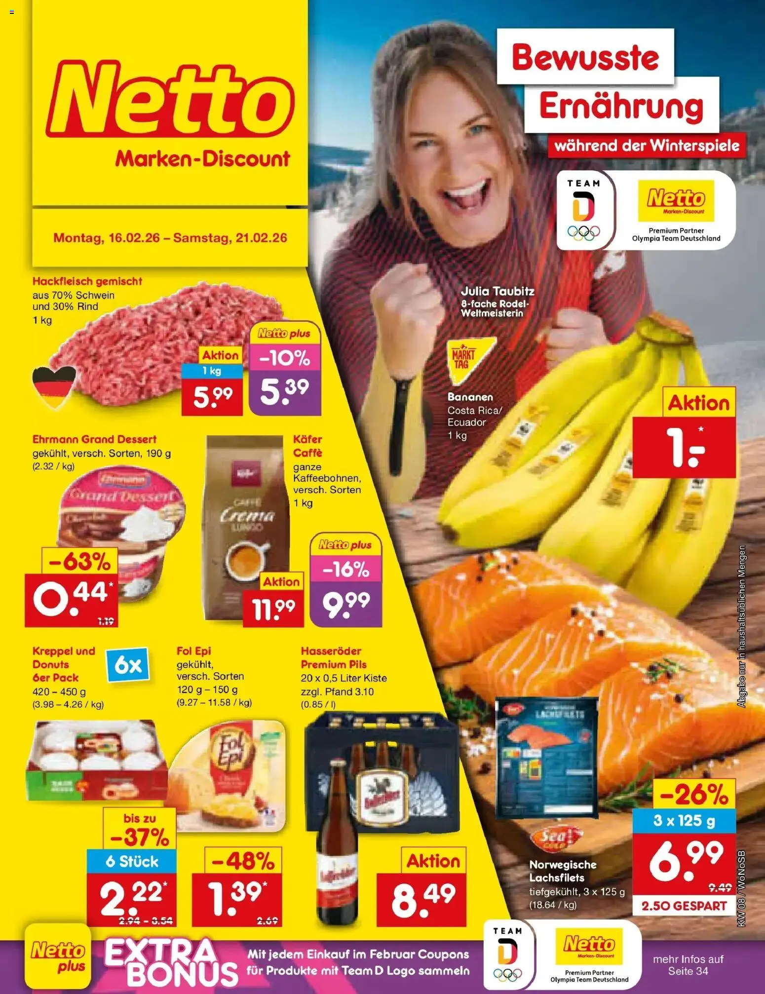 Netto Marken-Discount prospekt Lahnau	 – gültig ab 16.02.2026 | Seite: 1 | Produkte: Pils, Bananen, Donuts, Hasseröder