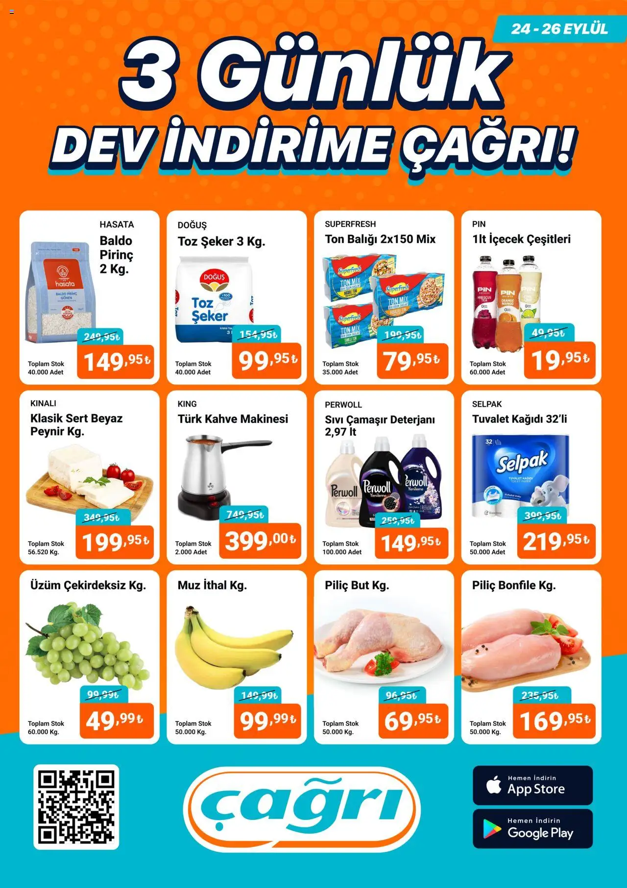 Çağrı Market Dev İndirim Kataloğu - 24.09.2025 tarihinden itibaren geçerlidir | Sayfa: 1 | Ürünler: Kahve, Muz, Mango, Toz şeker