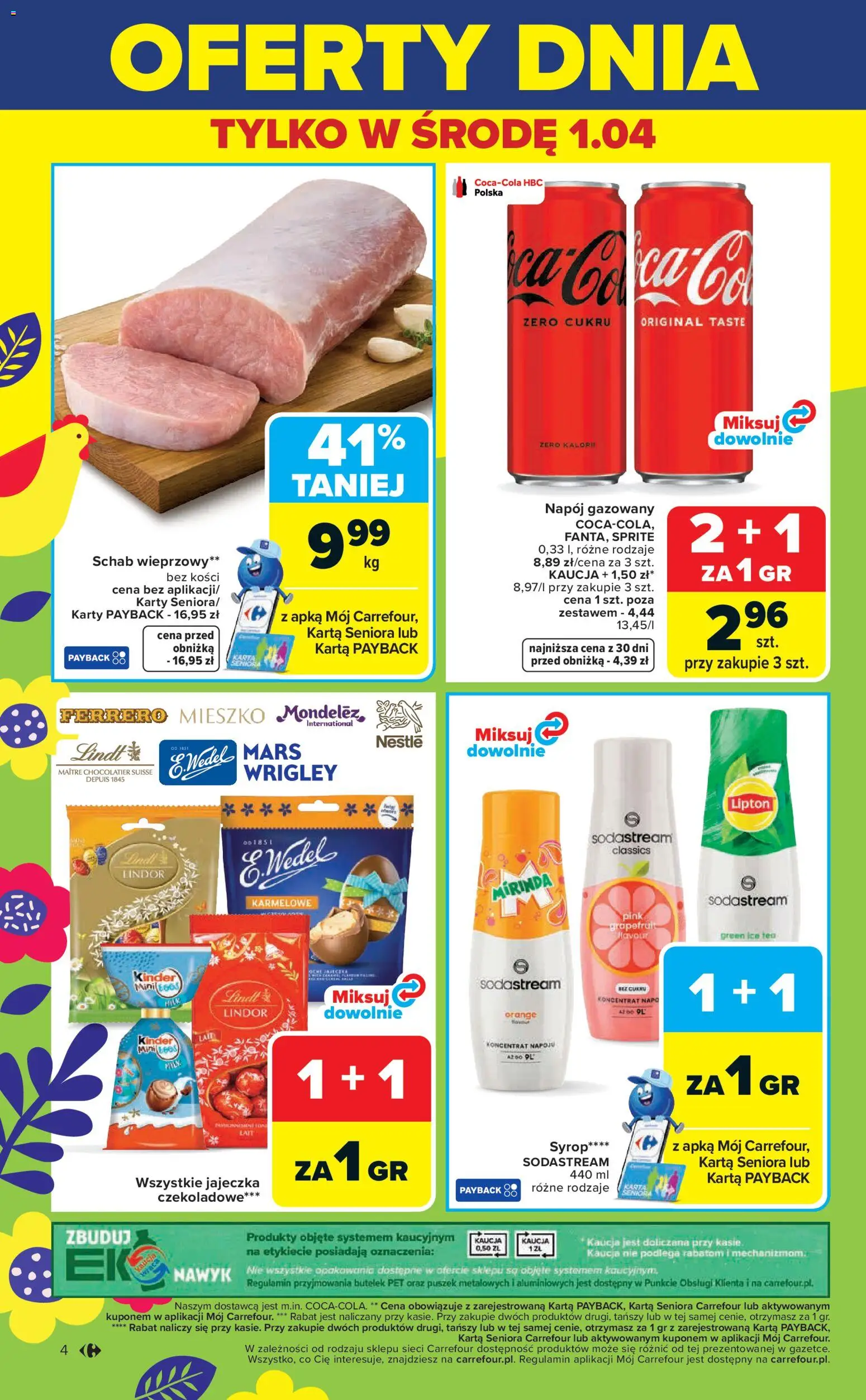 Carrefour gazetka - Świąteczne Okazje Już Od Środy od 01.04.2026 | Strona: 4 | Produkty: Karta, Syrop, Schab, Sprite