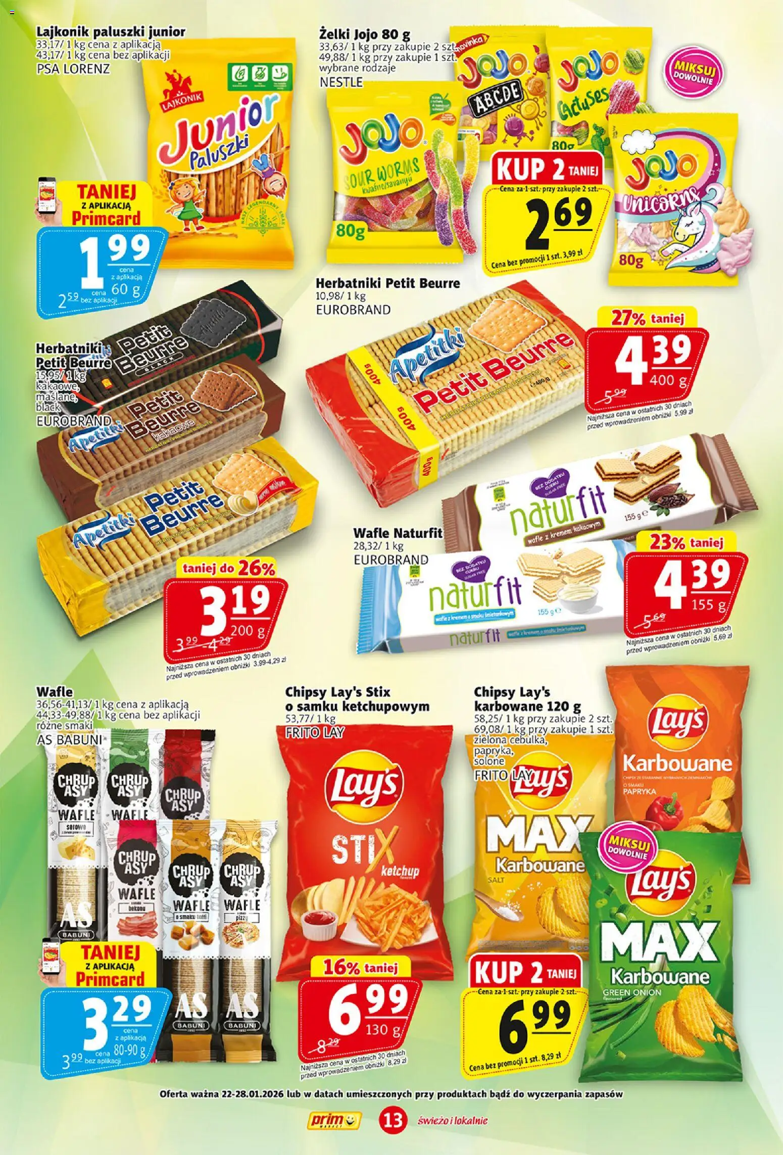 Prim Market Gazetka od 22.01.2026 | Strona: 13 | Produkty: Chipsy, Wafle, Herbatniki, Paluszki