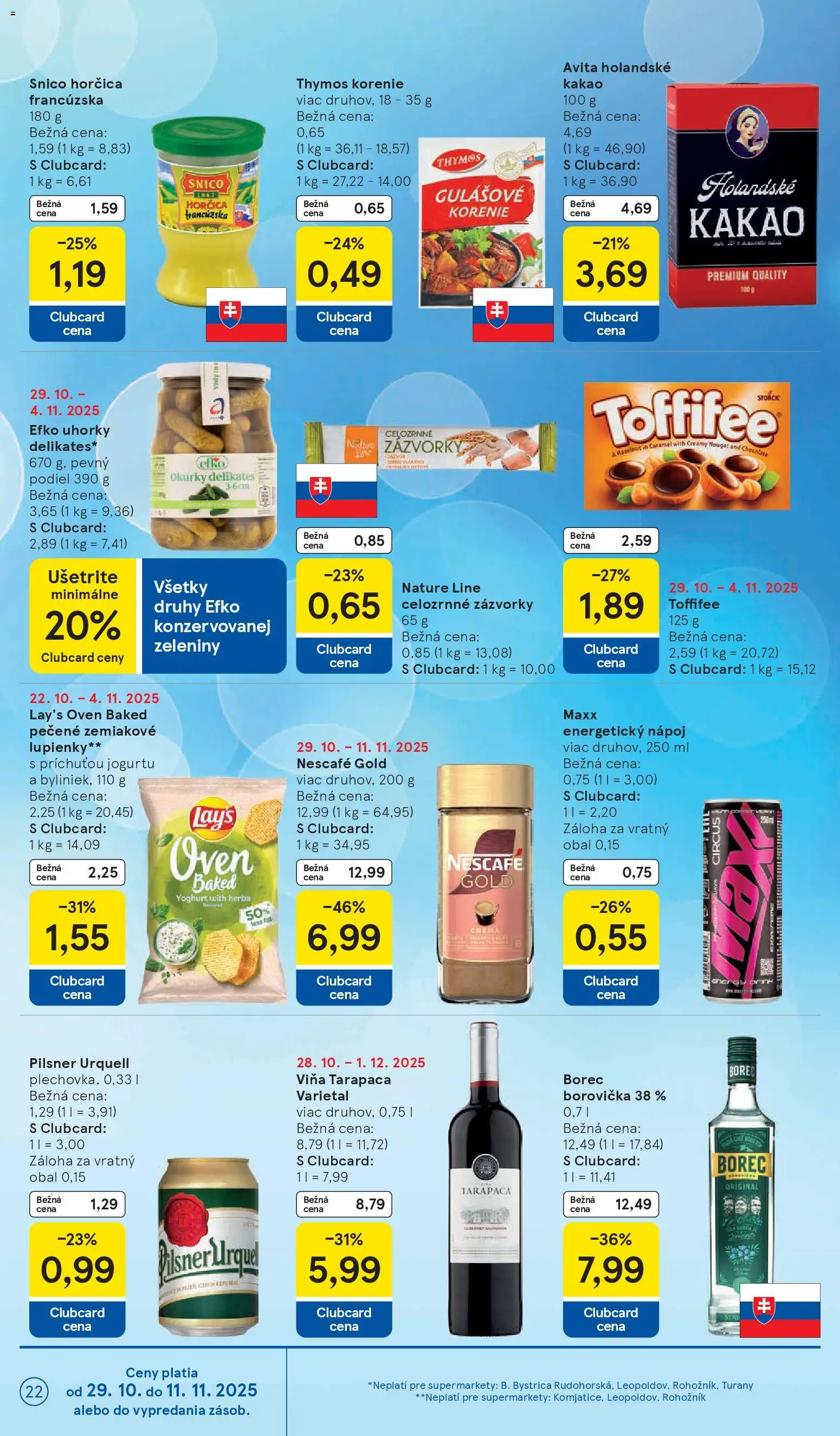 Nové Tesco akcie – leták je platný od 29.10.2025 | Strana: 22 | Produkty: Pilsner Urquell, Toffifee, Uhorky, Energetický nápoj