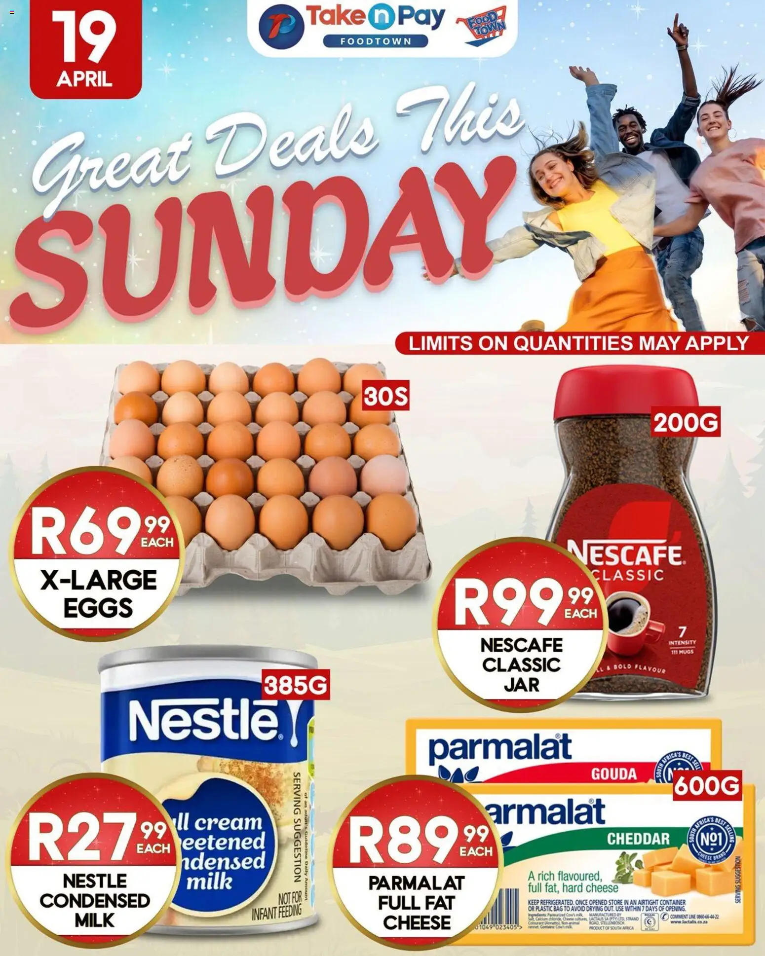 New Take n Pay catalogue – valid from 19.04.2026 | Page: 1 | Products: Bag, Milk, Cheese, Eggs