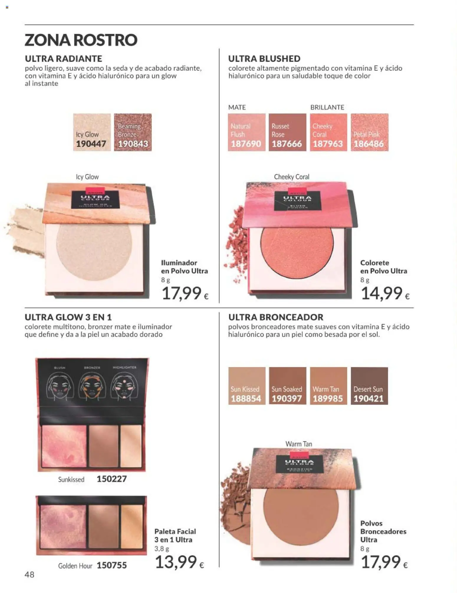 Catálogo AVON campaña 1 │ válido desde el 01.01.2026 | Página: 48 | Productos: Polvo, Bronceador, Iluminador, Colorete