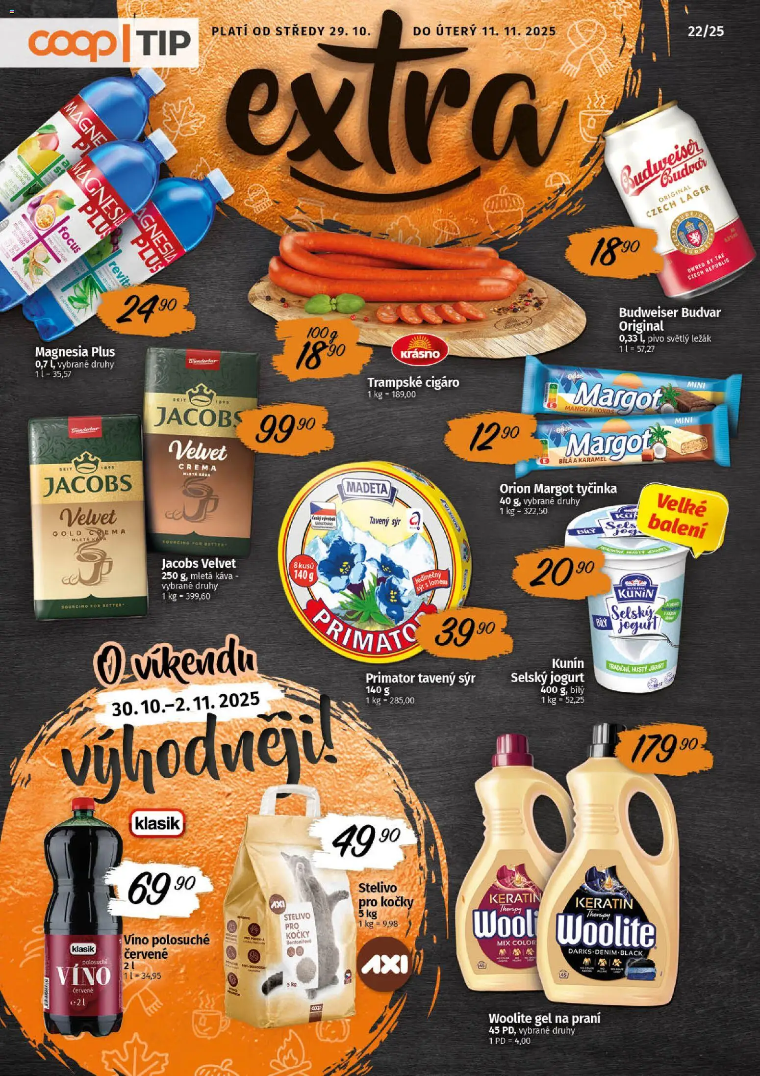 Coop leták - Tip Extra od 29.10.2025 | Strana: 1 | Produkty: Káva, Stelivo pro kočky, Magnesia, Crema