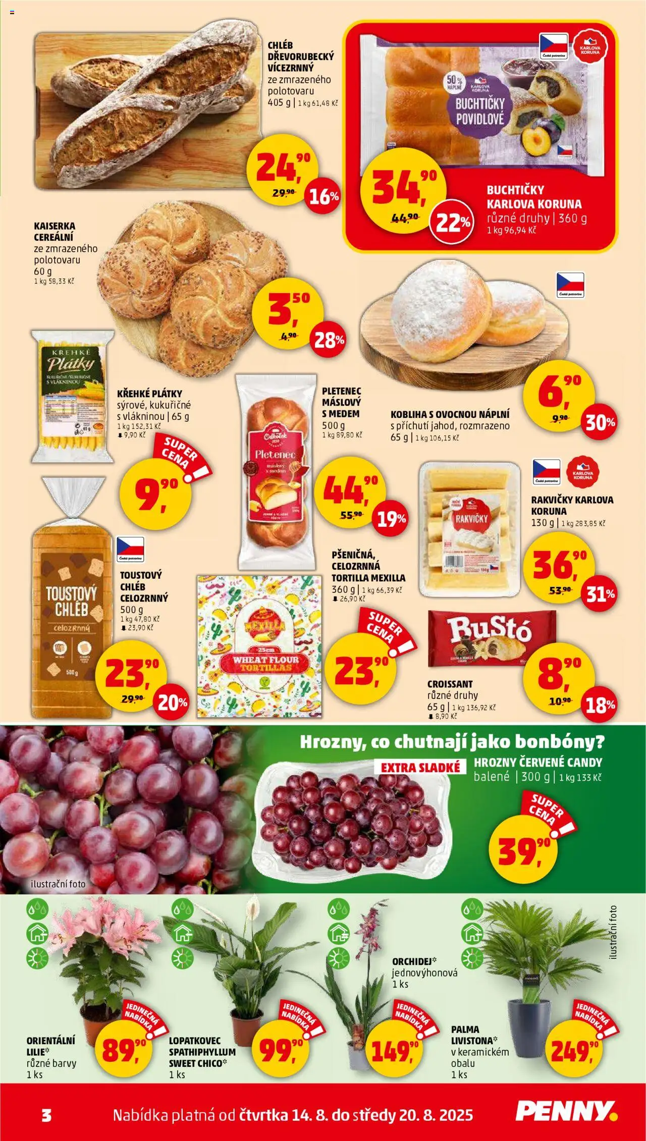 Penny Market leták - Čtvrtečník od 14.08.2025 | Strana: 3 | Produkty: Bonbóny, Tortilla, Croissant, Hrozny
