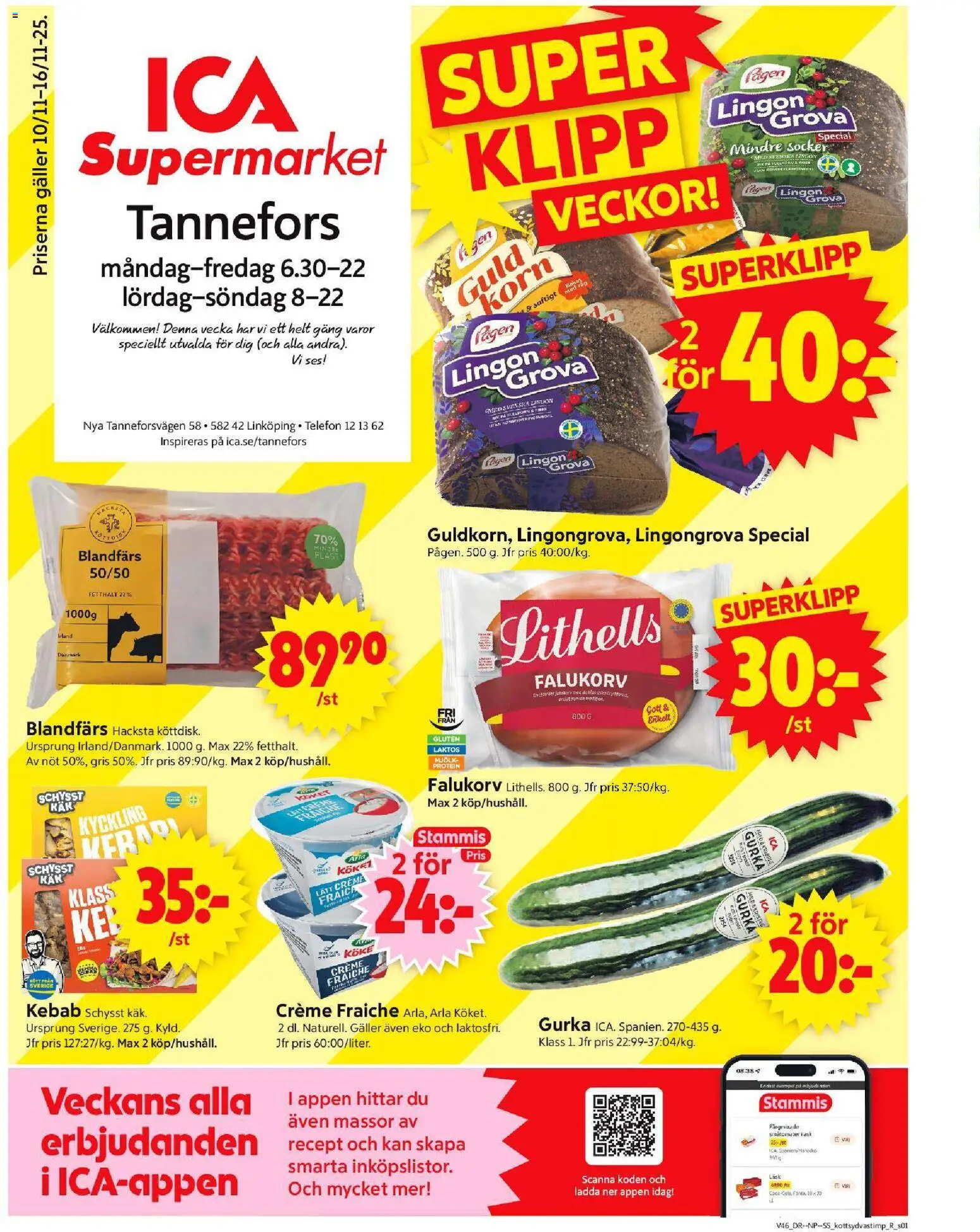ICA Supermarket reklamblad aktuell från 10.11.2025 | Sida: 1 | Produkter: Lingongrova, Falukorv, Blandfärs, Gurka