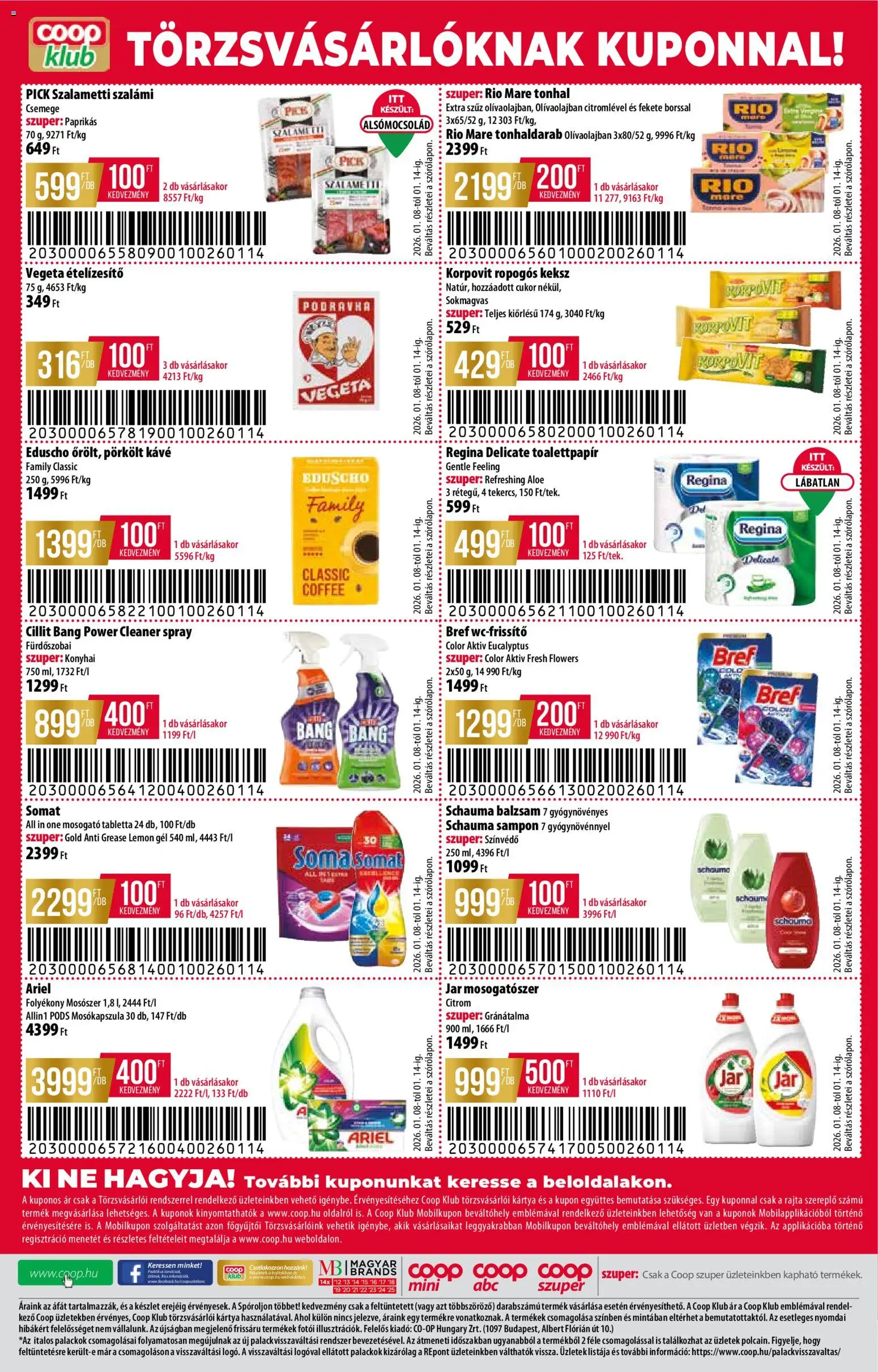 COOP akciós ujság - amely érvényes a következő dátumtól: 08.01.2026 | Oldal: 8 | Termékek: Somat, Jar mosogatószer, Vegeta, Keksz