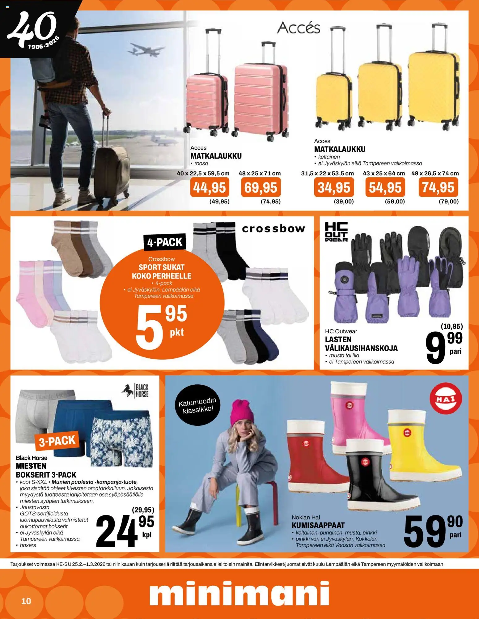 Minimani tarjoukset – voimassa 25.02.2026 alkaen | Sivu: 10 | Tuotteet: Sukat, Bokserit, Kumisaappaat, Matkalaukku