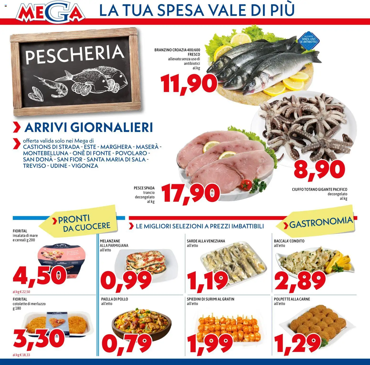 Volantino Mega del 23.04.2026 | Pagina: 2 | Prodotti: Branzino, Melanzane, Polpette, Paella