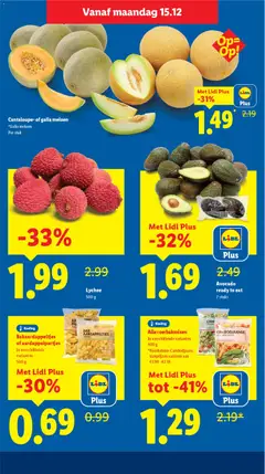 Cantaloupe- of galia meloen, *Galia meloen Per stuk - Voorbeeld van een folder van Lidl, geldig van 15.12.2025 | Pagina: 5 | Producten: Meloen, Avocado