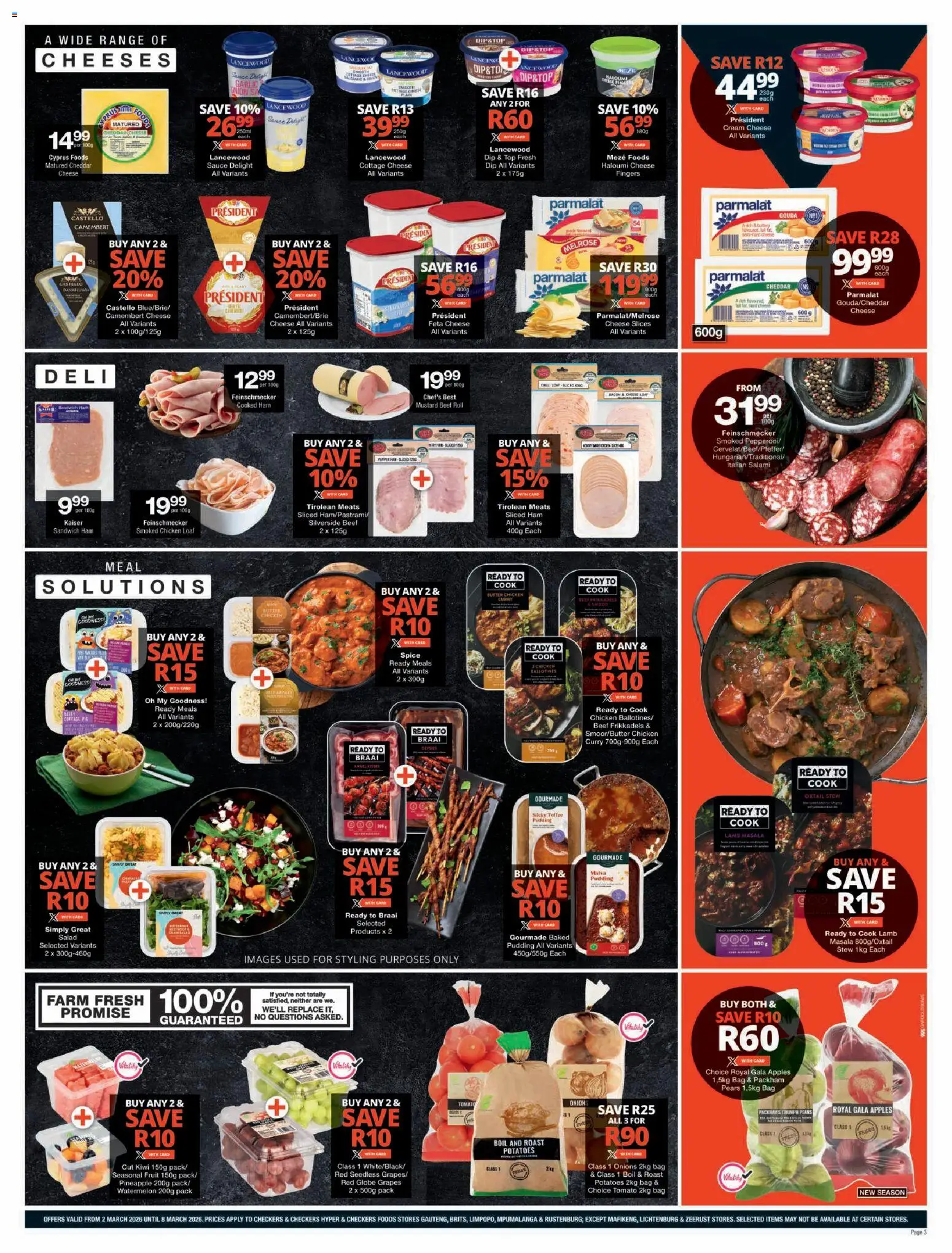 New Checkers catalogue – valid from 02.03.2026 | Page: 3 | Products: Cheese, Salami, Apples, Potatoes